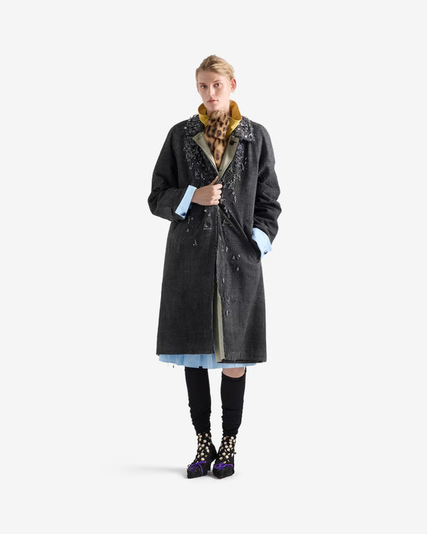 Prada  - Women's Single-breasted Mouliné Prince of Wales Check and Embroidered Twill Coat - (Black/Agave)