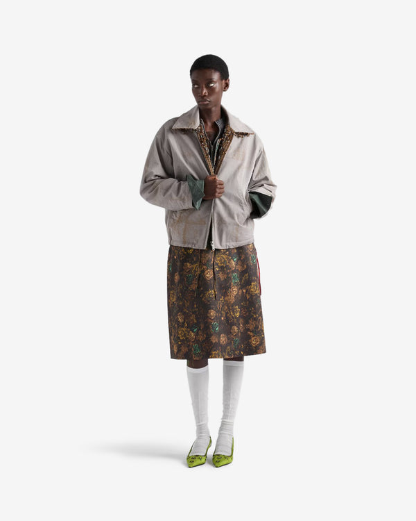 Prada  - Women's Reversible Antiqued Twill and Houndstooth Check Blouson Jacket - (Steel/Camel)