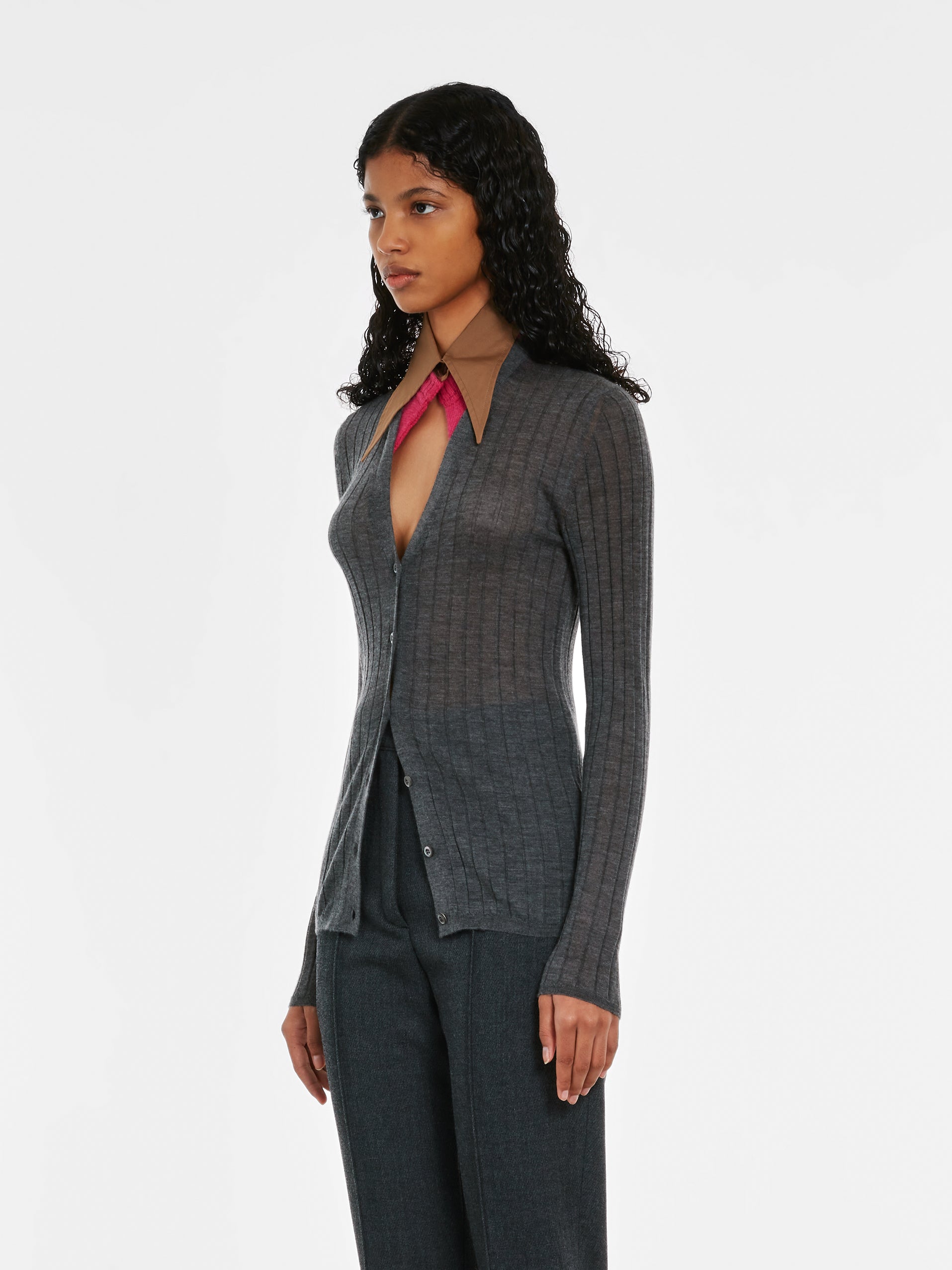 Prada - Women’s Cashmere and Silk Cardigan with Collar - (Slate Grey) view 2