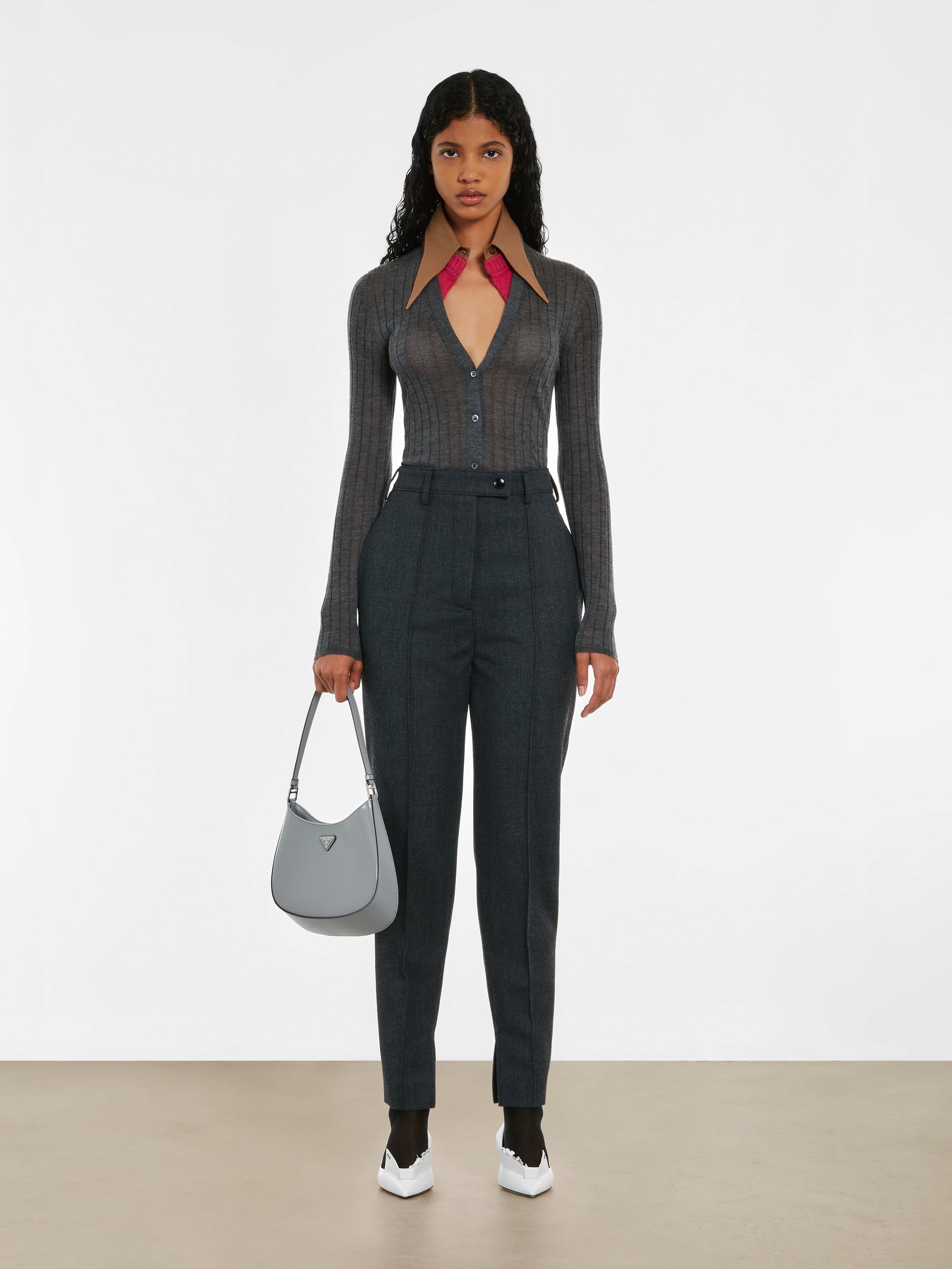 Prada - Women’s Cashmere and Silk Cardigan with Collar - (Slate Grey) view 4
