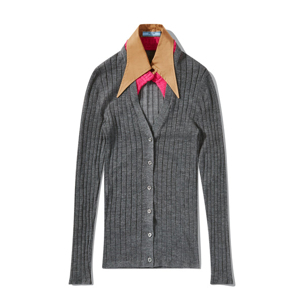 Prada - Women’s Cashmere and Silk Cardigan with Collar - (Slate Grey)