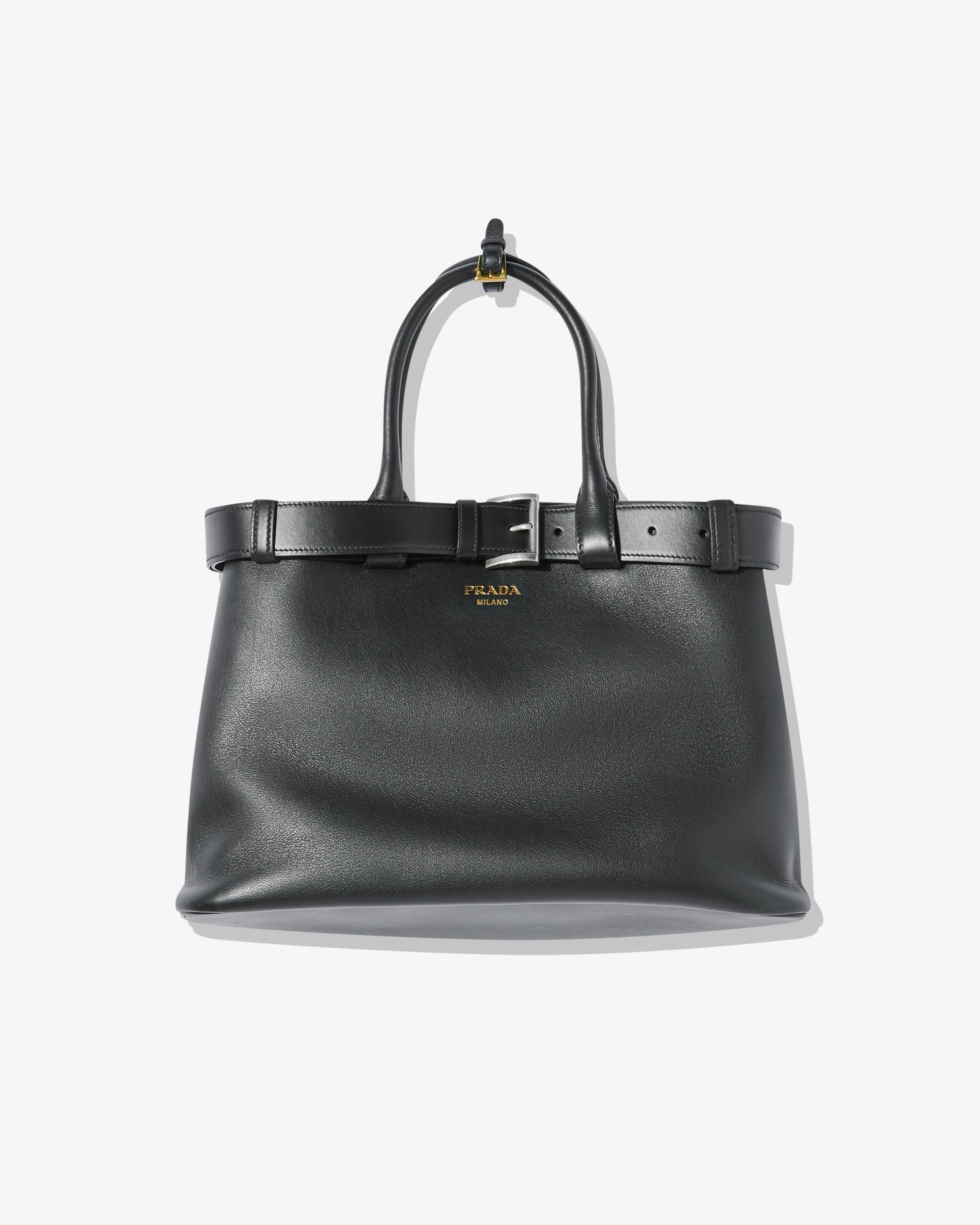 Prada: Buckle Large Leather Handbag with Belt (Black) | DSML E-SHOP