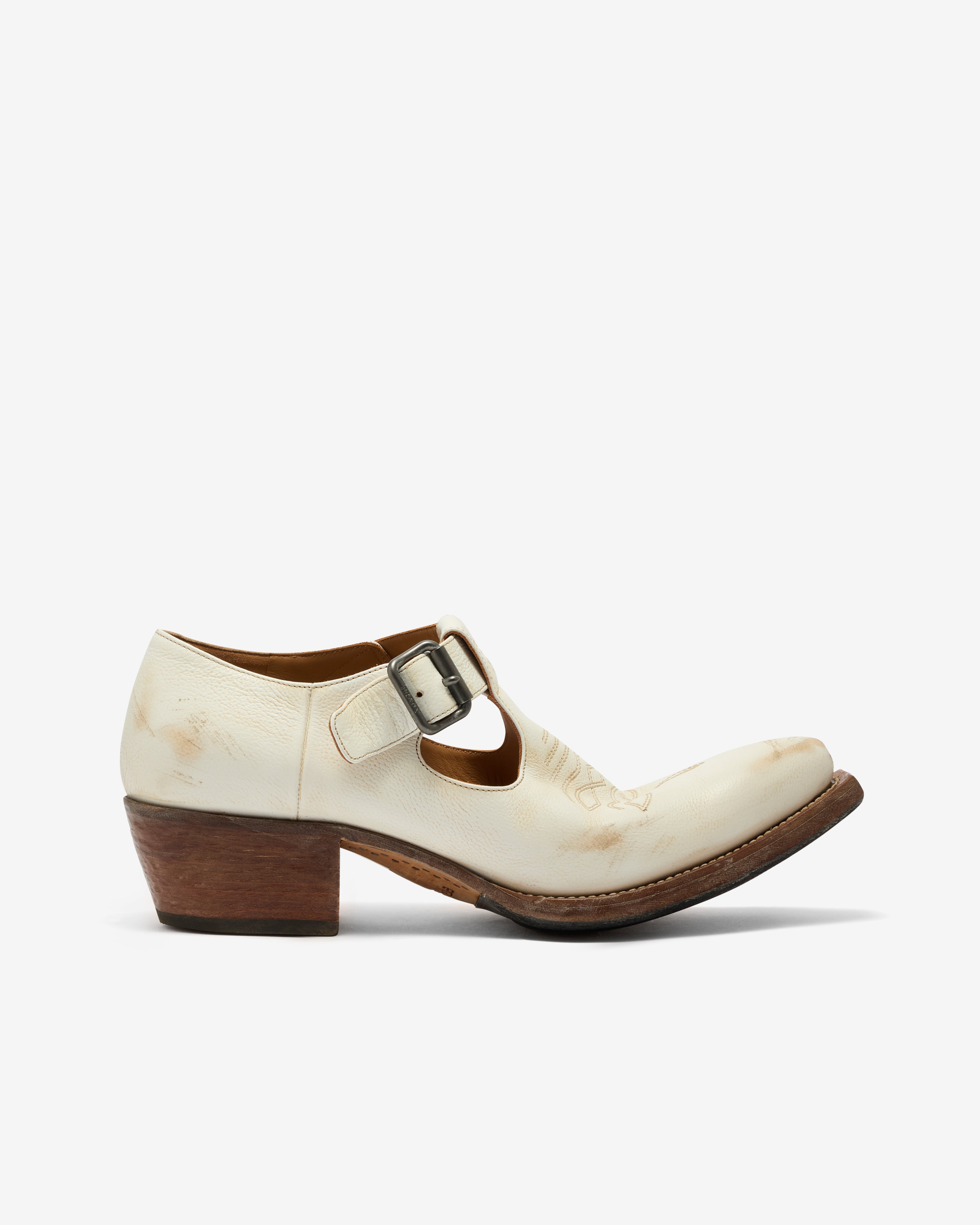 Prada: Men's Antiqued Leather Shoes With Buckle (Chalk White