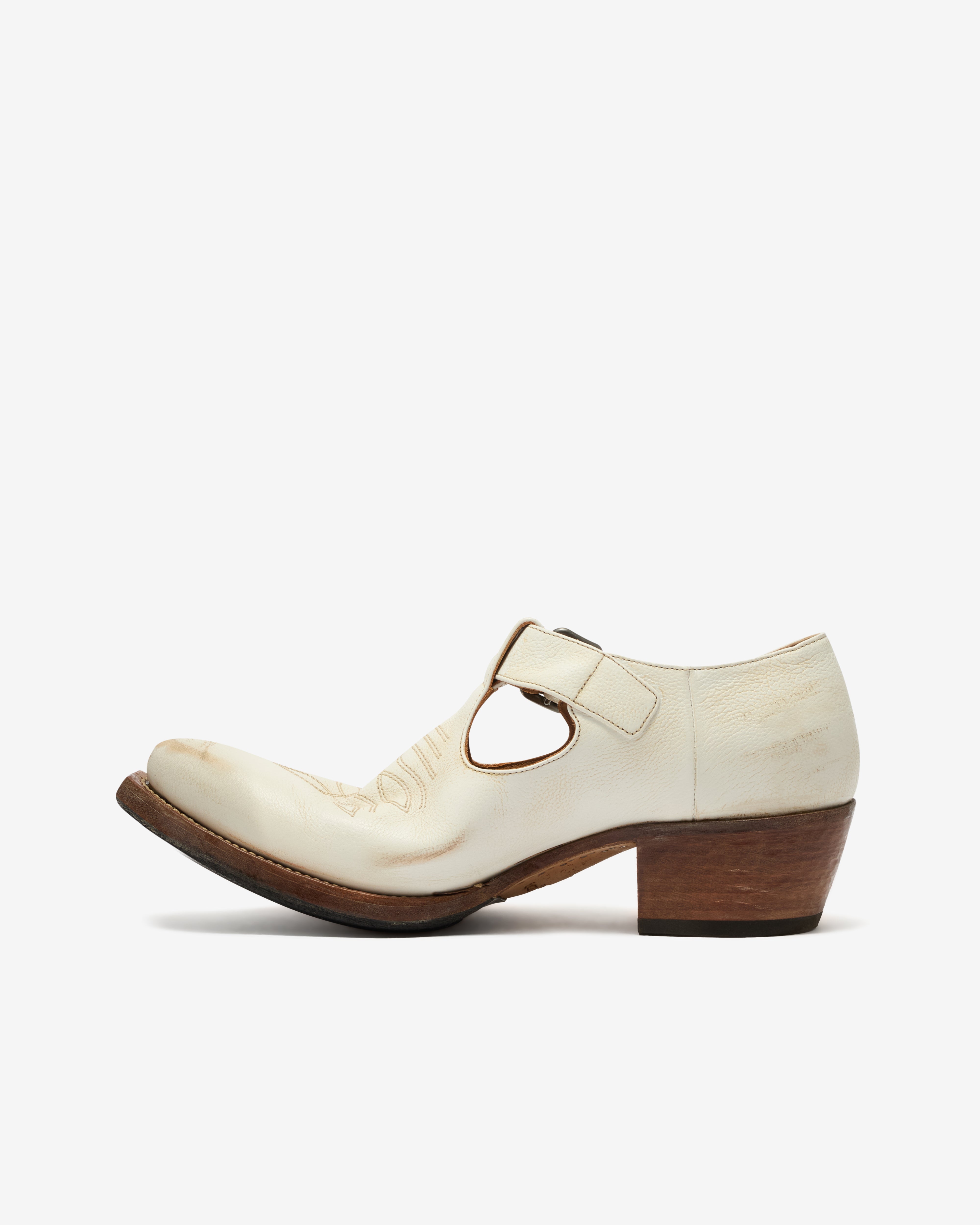 Prada: Men's Antiqued Leather Shoes With Buckle (Chalk White