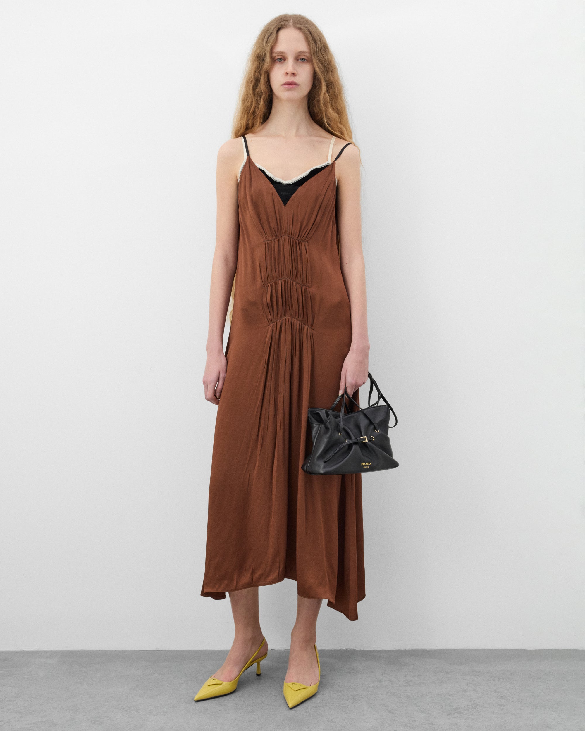 prada brown dress Gathered crpe satin slip dress in brown - Prada