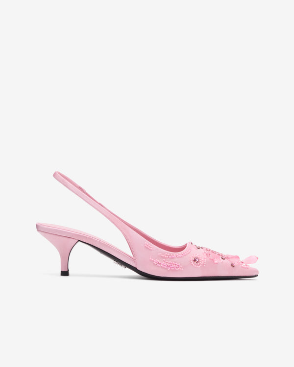 Prada  - Women's Embroidered Satin Slingback Pumps - (Rosebud Pink)