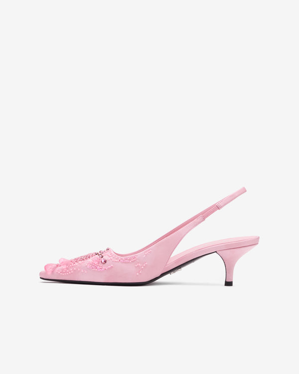 Prada  - Women's Embroidered Satin Slingback Pumps - (Rosebud Pink)