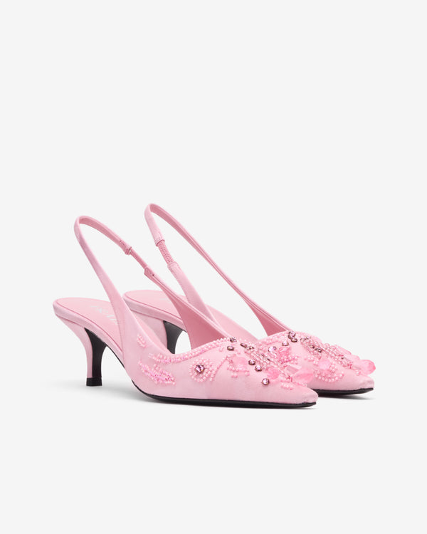 Prada  - Women's Embroidered Satin Slingback Pumps - (Rosebud Pink)