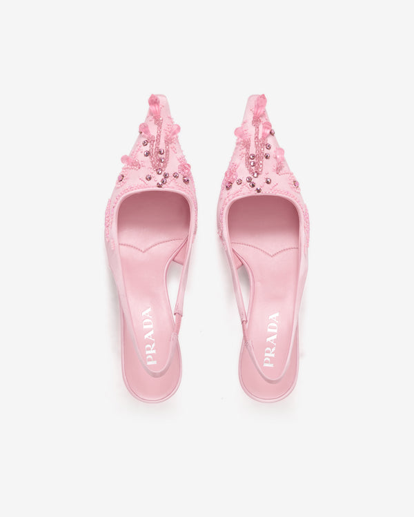 Prada  - Women's Embroidered Satin Slingback Pumps - (Rosebud Pink)