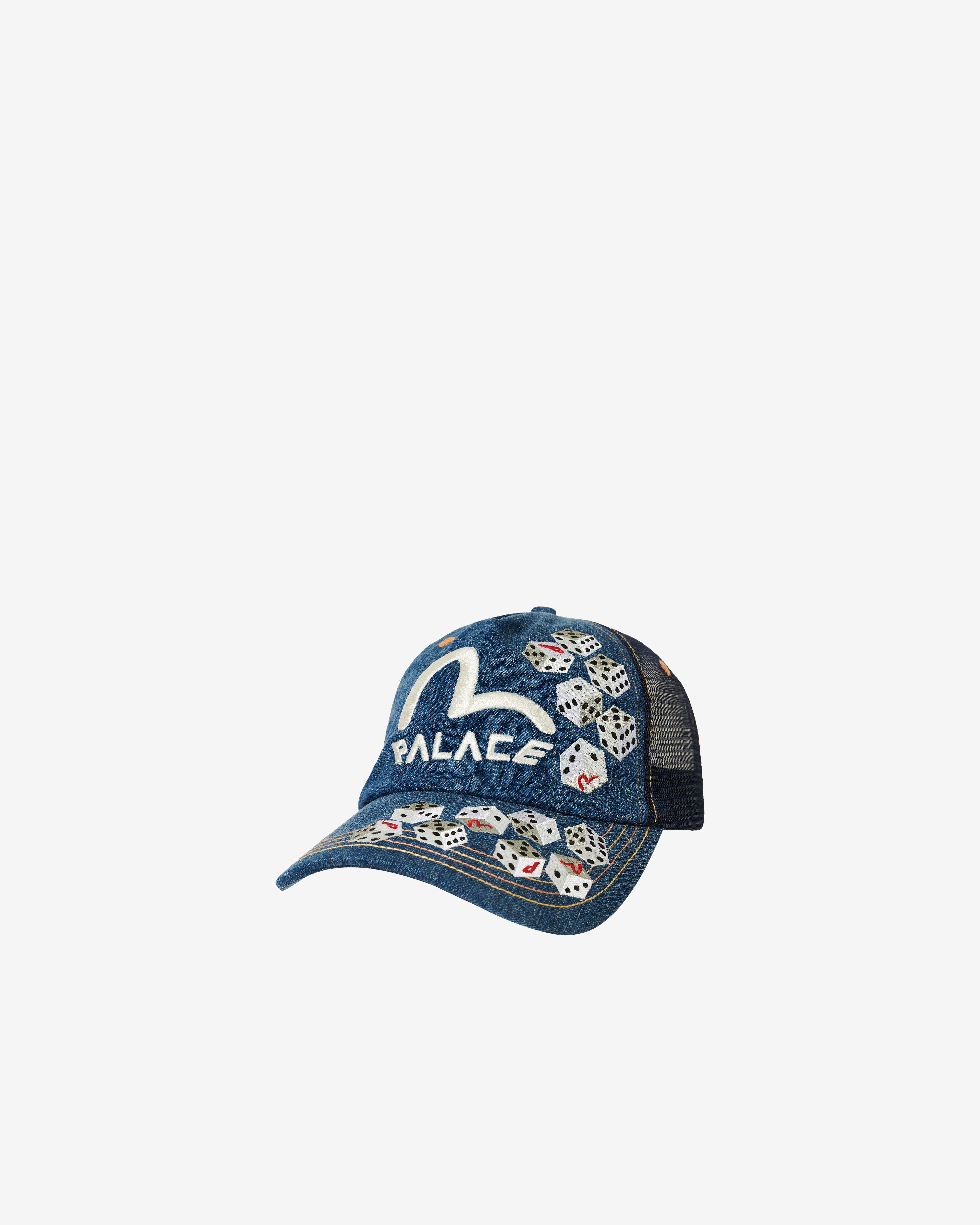 Palace: Men's Palace Evisu Dice Mesh Trucker (Light Wash) | DSML E 