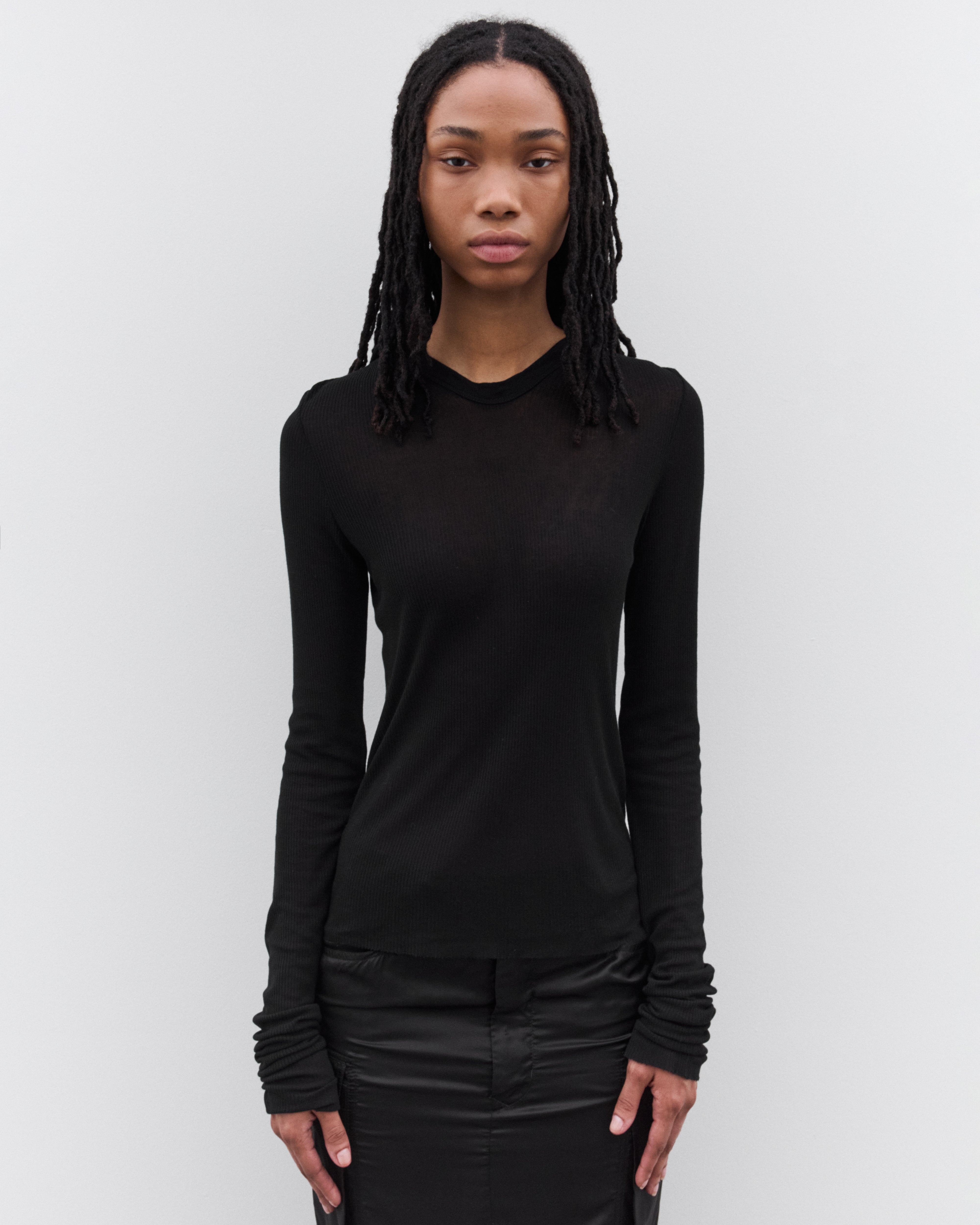 Rick Owens: Women's Cropped Hooded Rib Long Sleeve T-Shirt