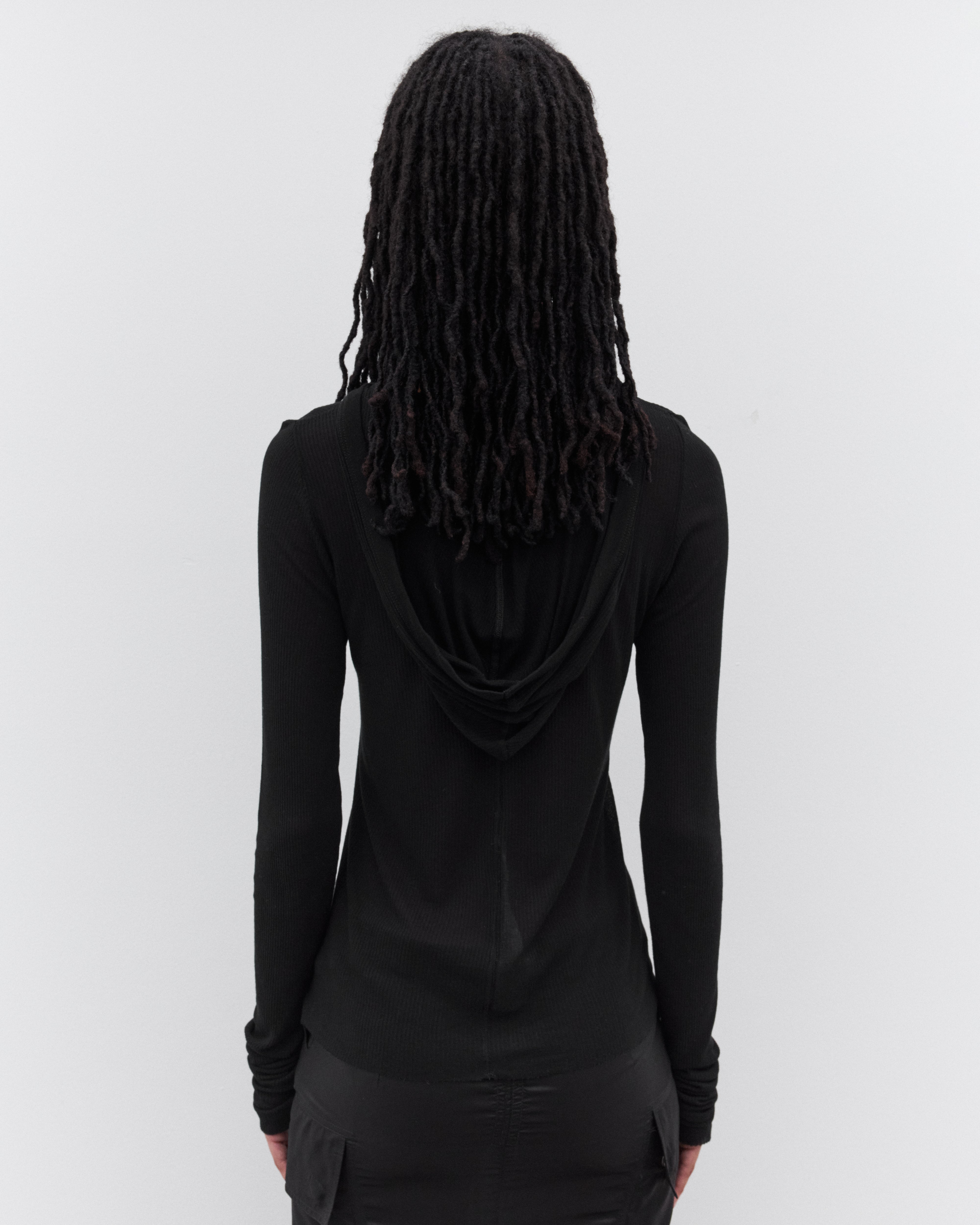 Rick Owens: Women's Cropped Hooded Rib Long Sleeve T-Shirt (Black Rick Owens: Women's Cropped Hooded Rib Long Sleeve T-Shirt (Black