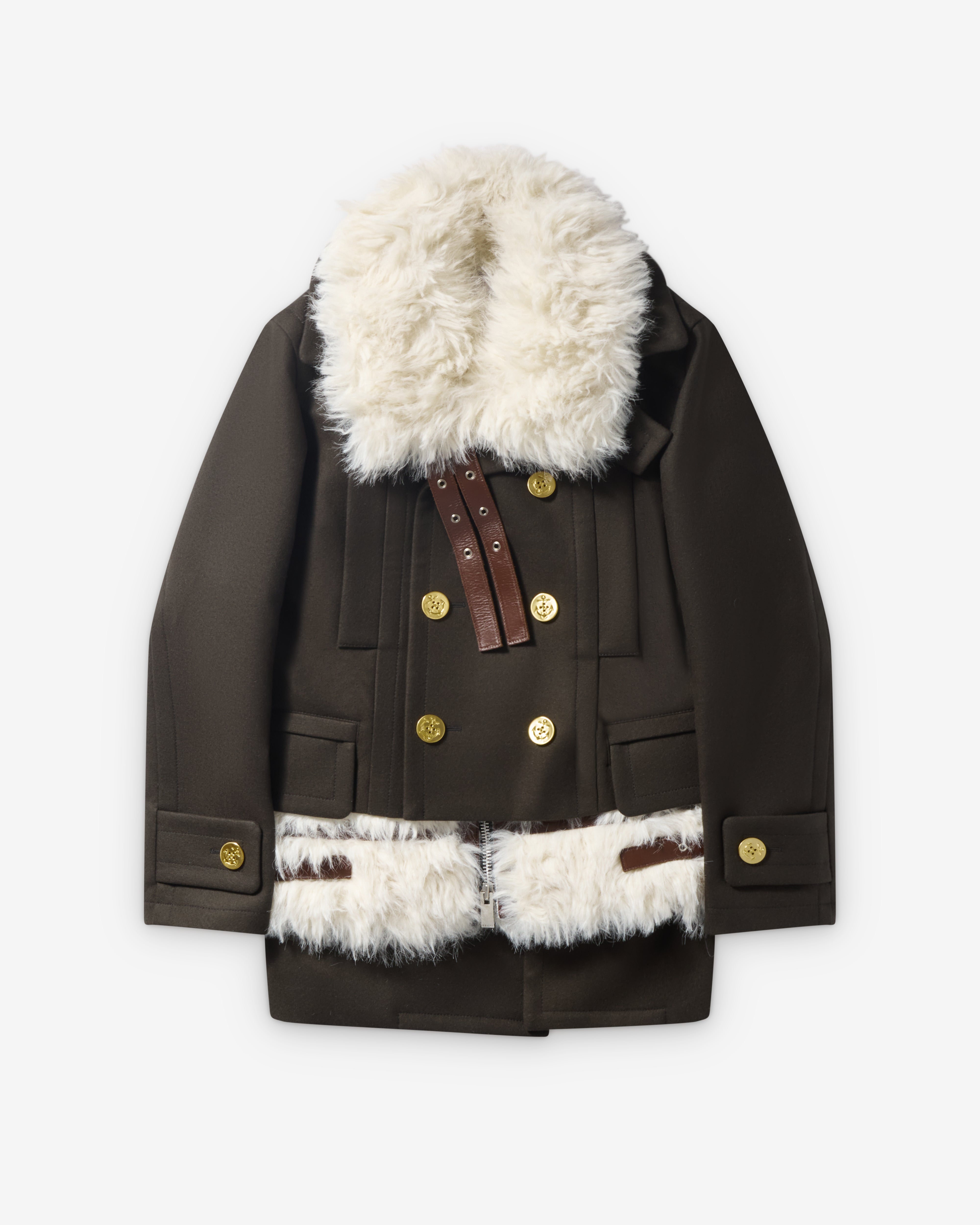 Sacai : Women's Wool Melton Coat (Khaki/White) | Dover Street