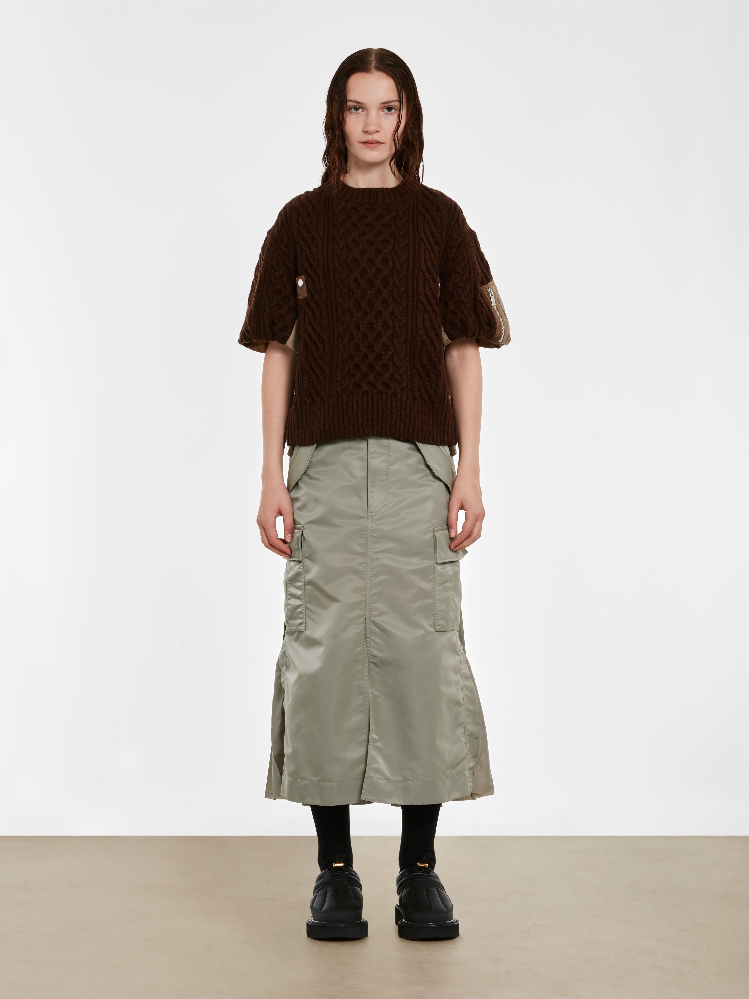 sacai - Women's Nylon Twill x Knit Pullover - (Brown) | Dover