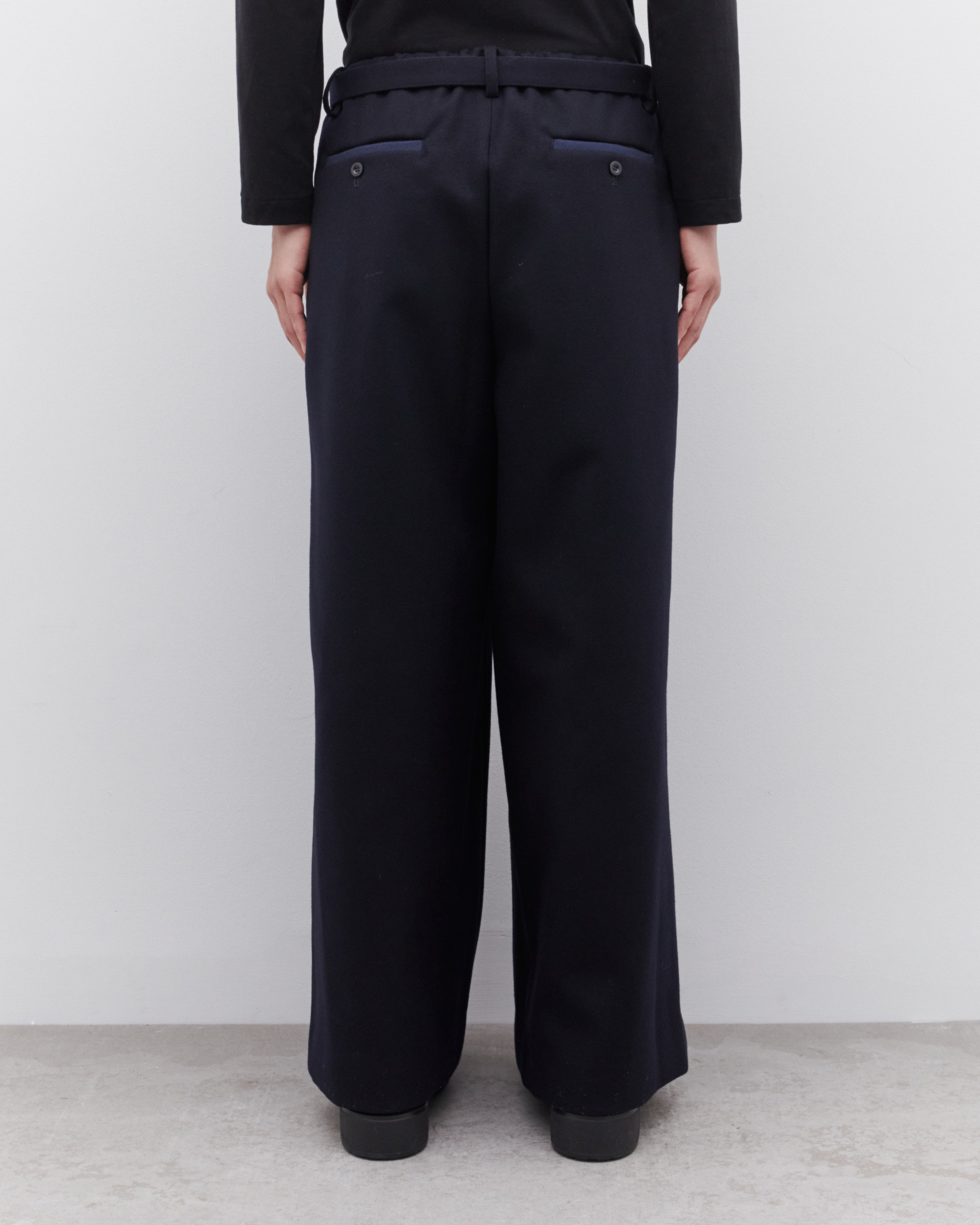 sacai: Men's Melton Wool Pants (Dark Navy) | DSML E-SHOP