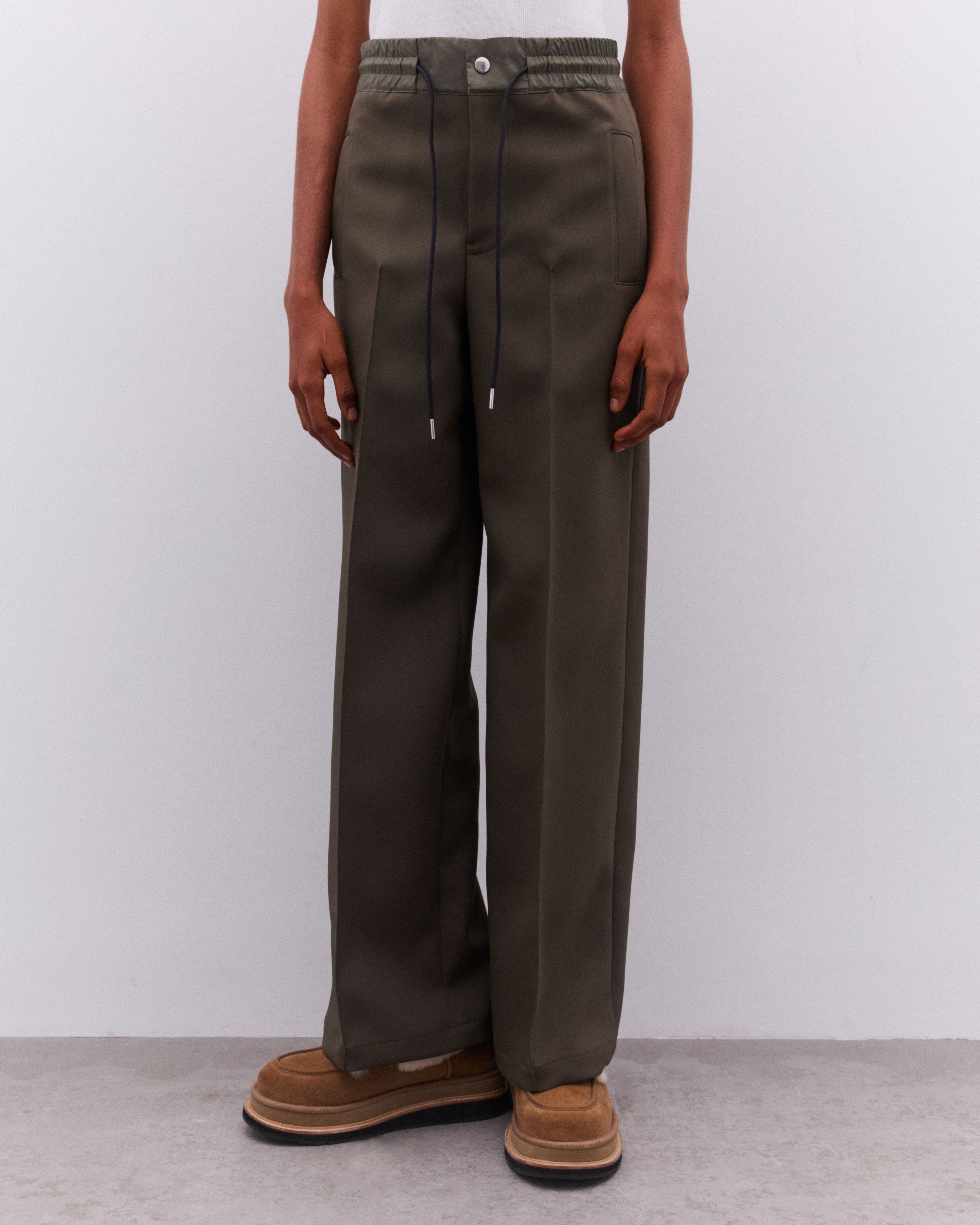 sacai: Women's Wide Leg Pleated Trousers (Khaki) | DSML E-SHOP