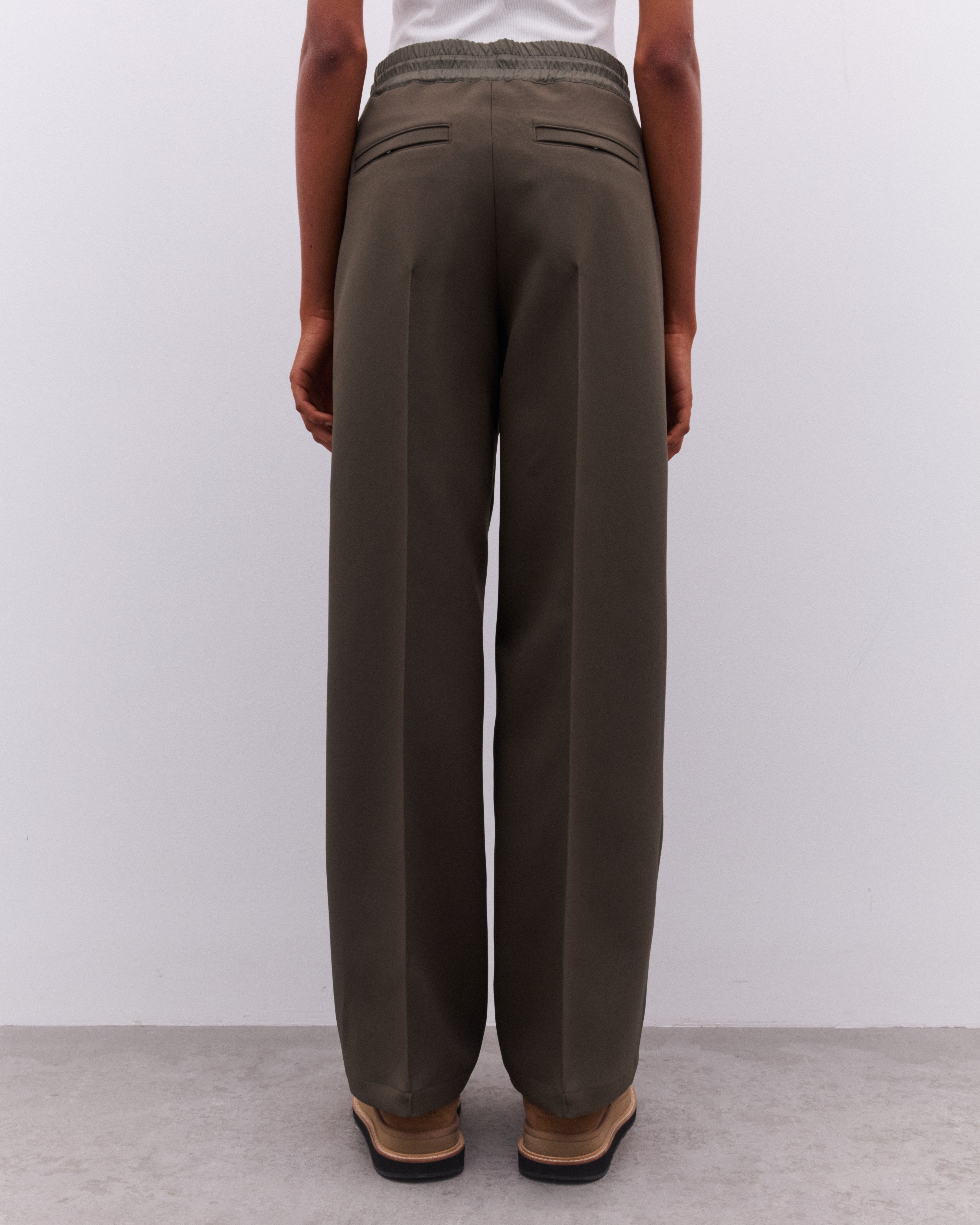 sacai: Women's Wide Leg Pleated Trousers (Khaki) | DSML E-SHOP