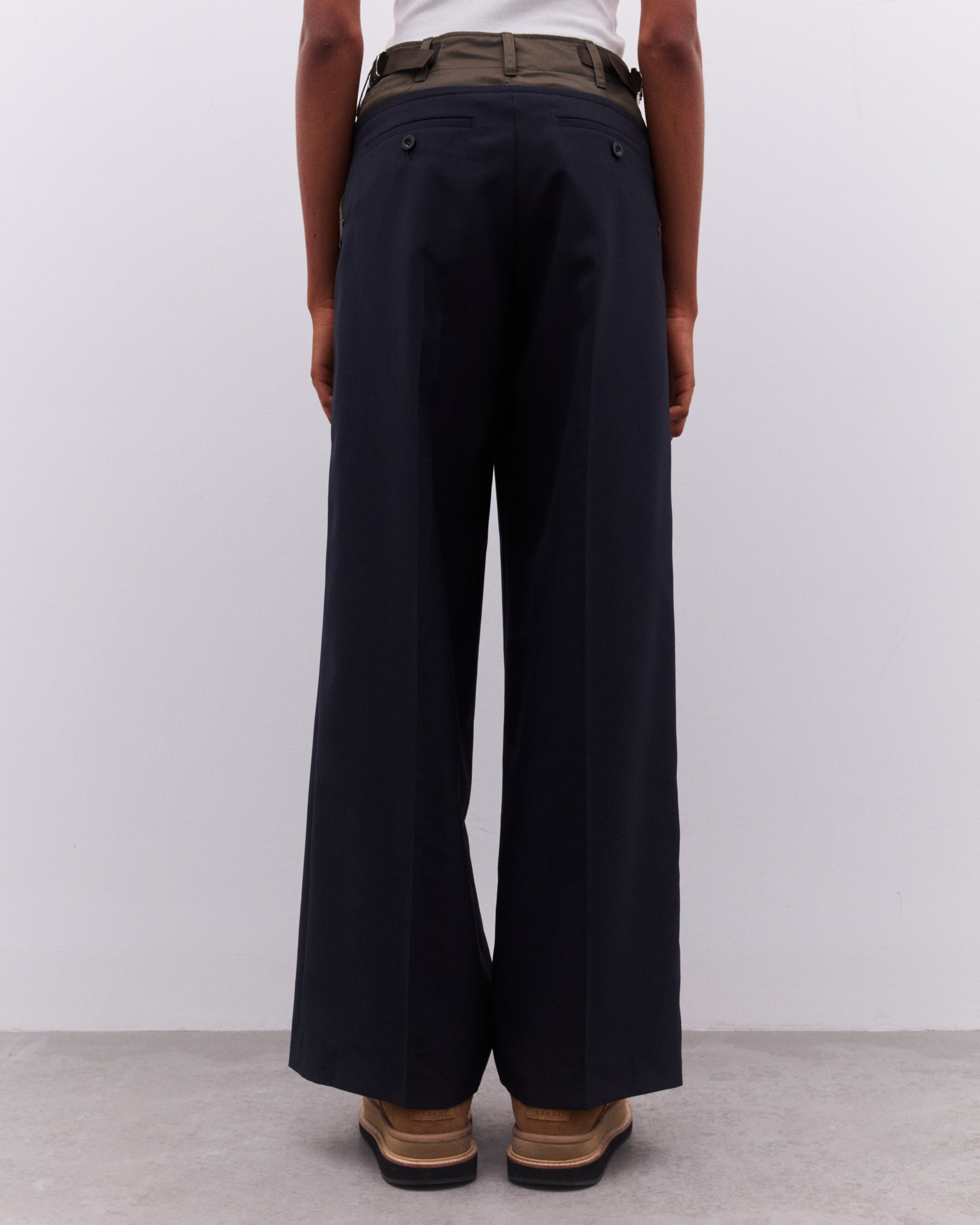 sacai: Women's Contrast Waistband Trousers (Khaki/Navy sacai: Women's Contrast Waistband Trousers (Khaki/Navy