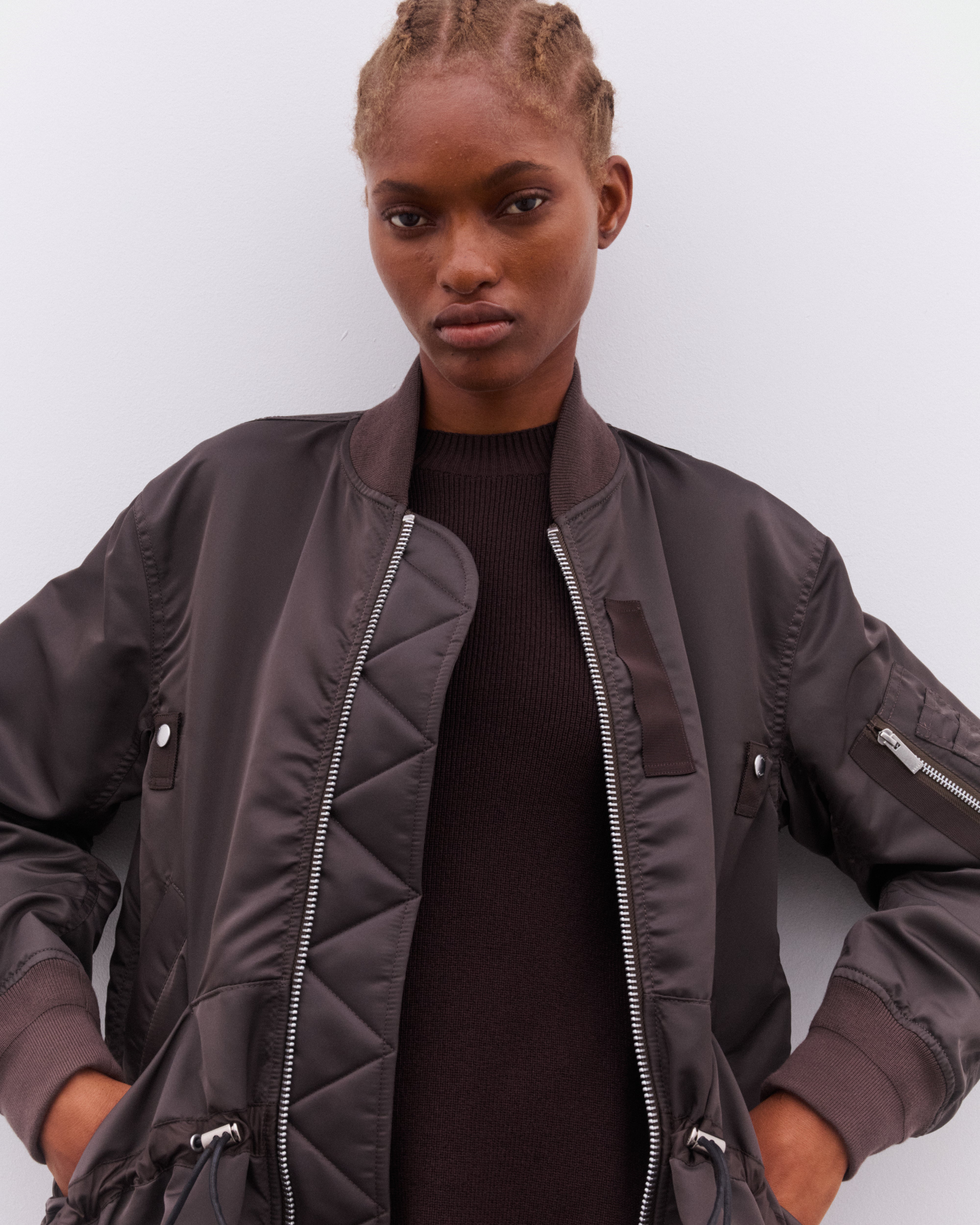 sacai: Women's Drawcord Bomber Jacket (Brown) | DSML E-SHOP