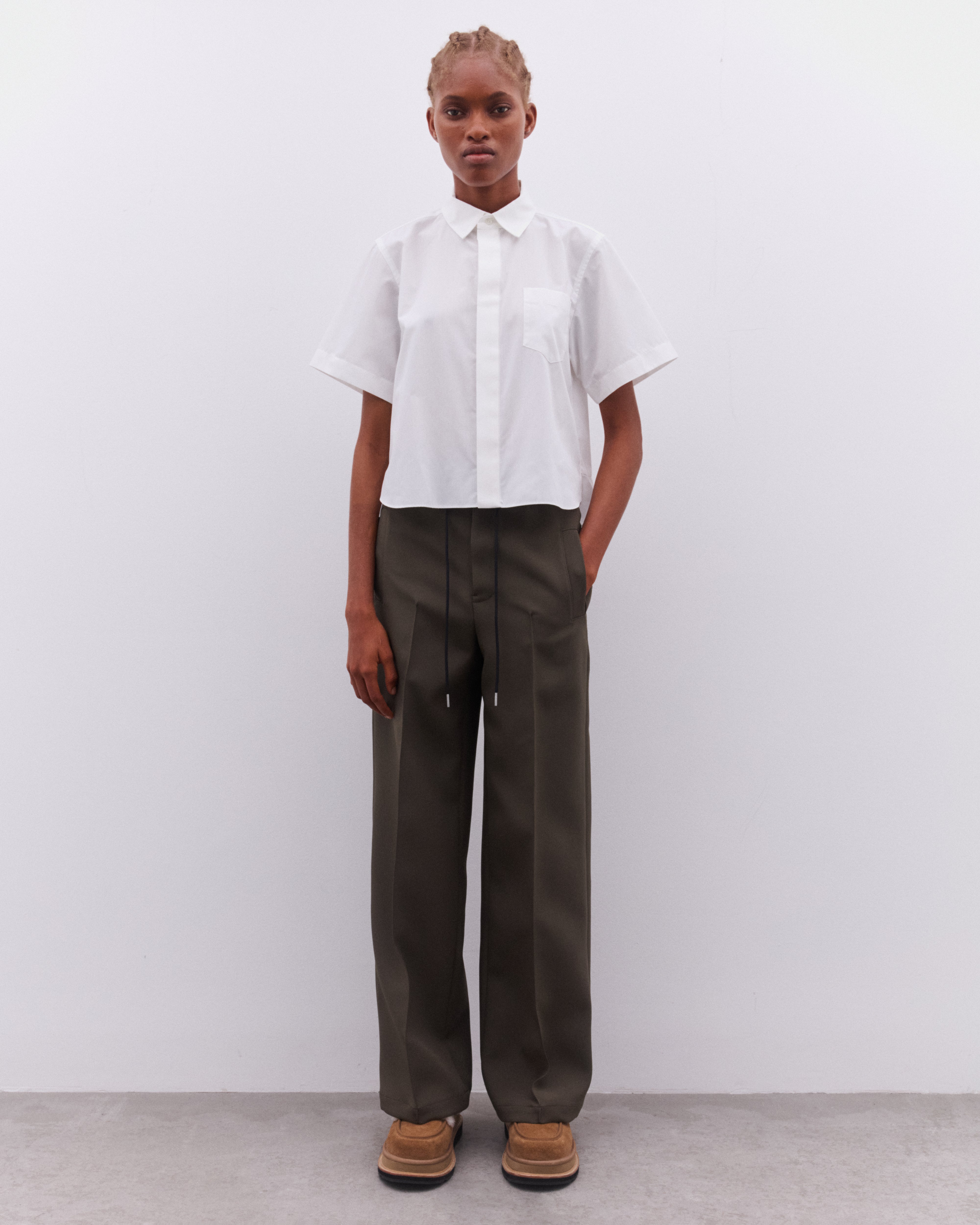 sacai: Women's Wide Leg Pleated Trousers (Khaki) | DSML E-SHOP