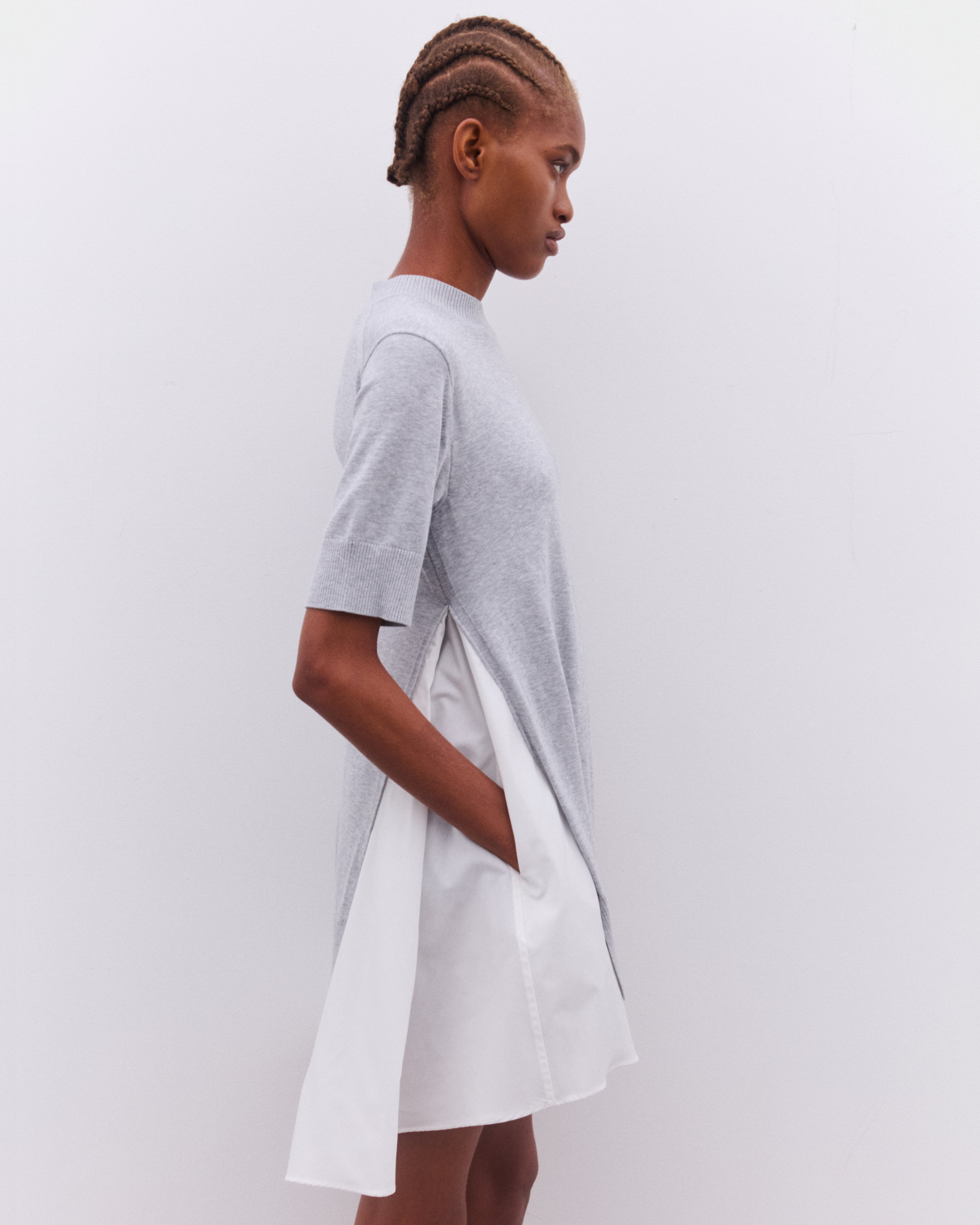 sacai: Women's Poplin And Knit Dress (White/Grey) | DSML E-SHOP