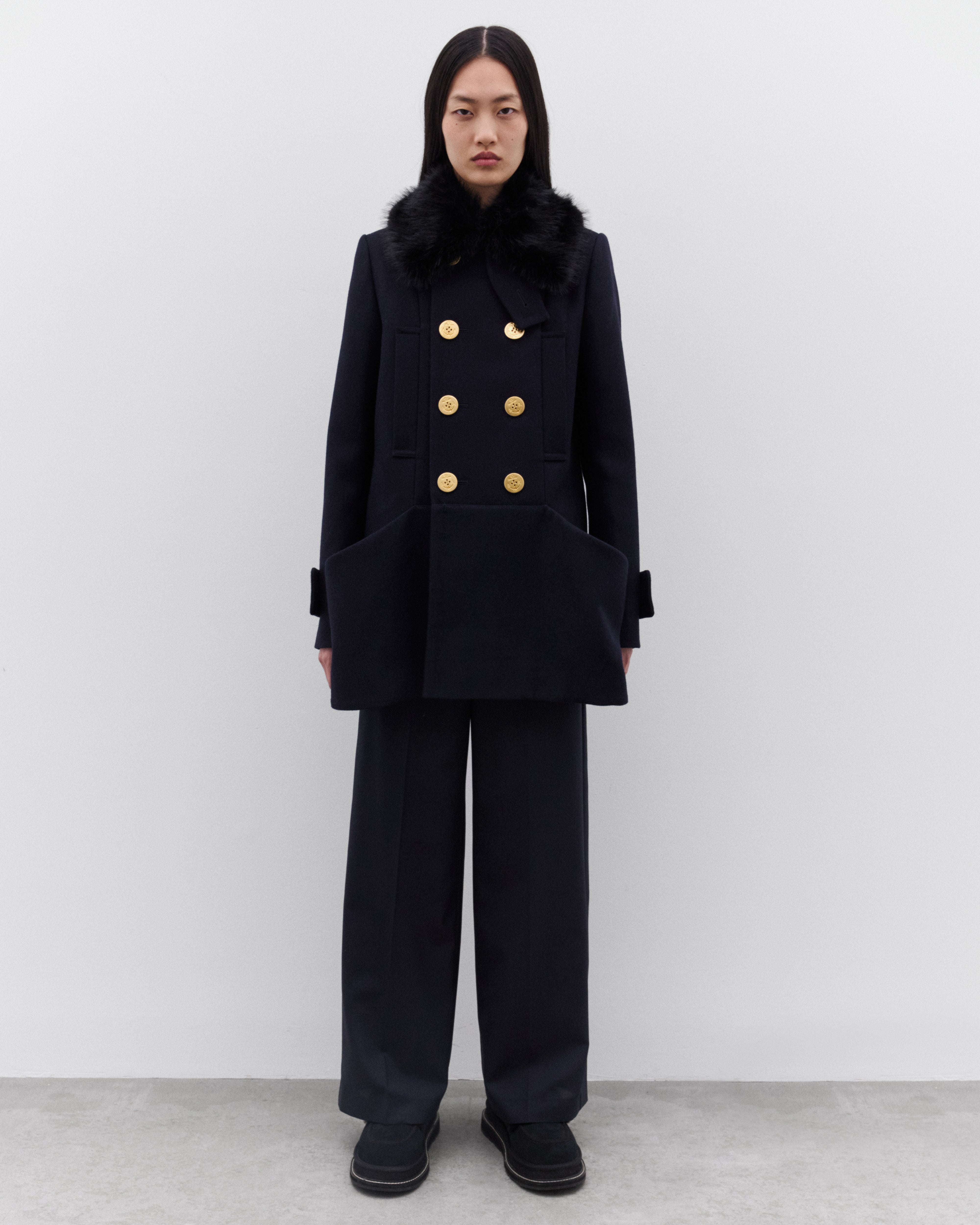 sacai: Women's Double-Faced Wool Melton Coat (Navy) | DSML E-SHOP