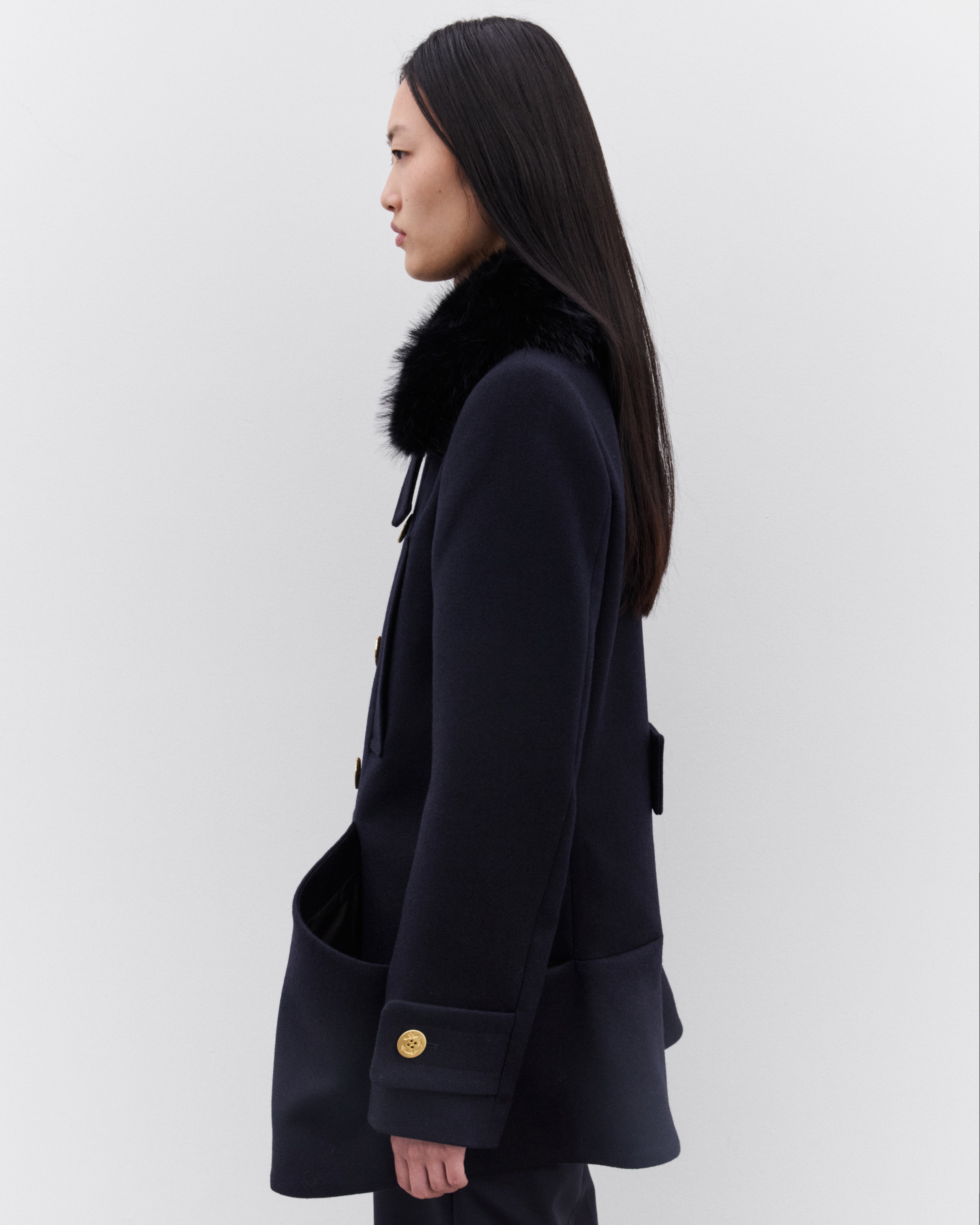 sacai: Women's Double-Faced Wool Melton Coat (Navy) | DSML E-SHOP