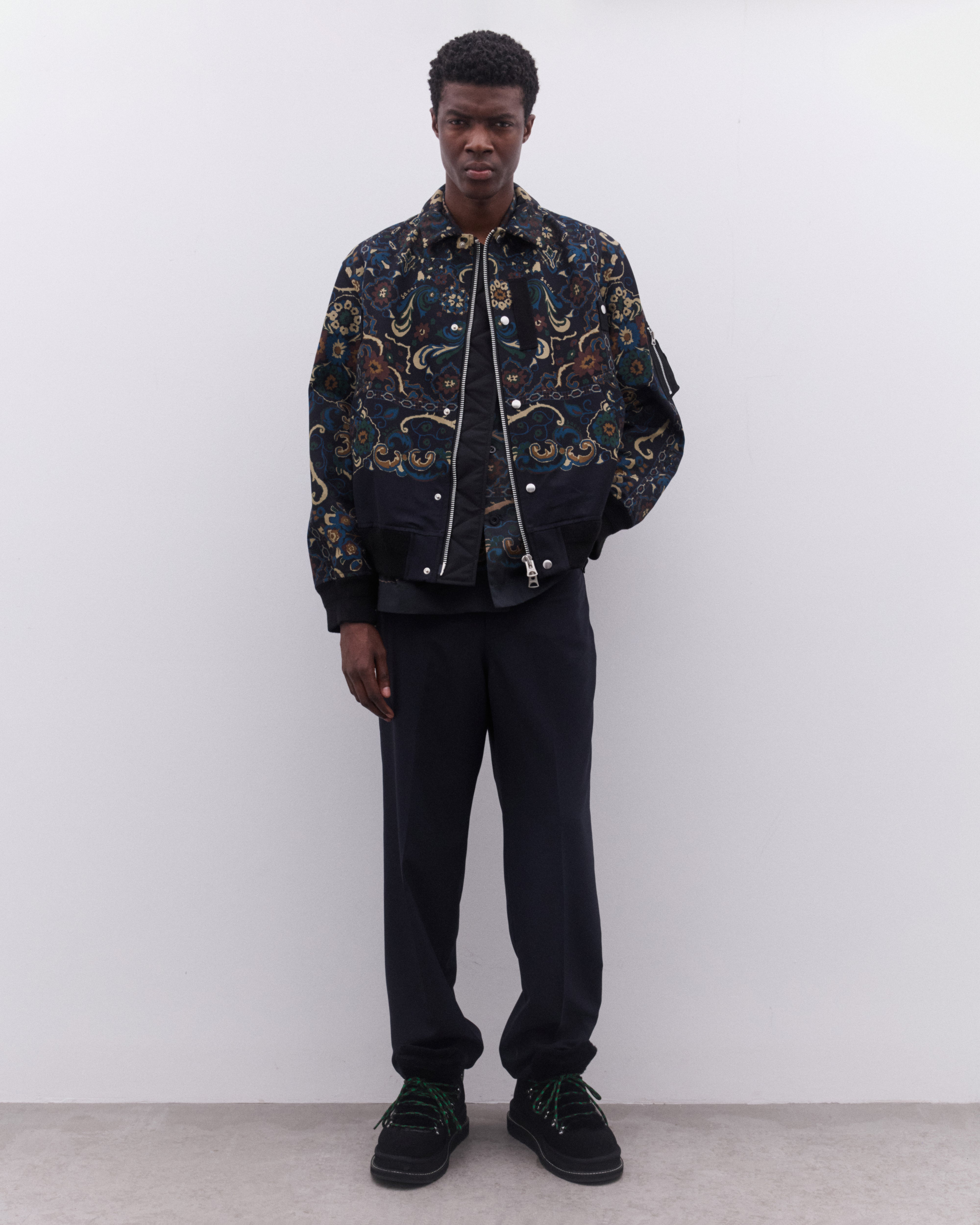sacai: Men's Floral Print Grosgrain Jacket (Navy) | DSML E-SHOP