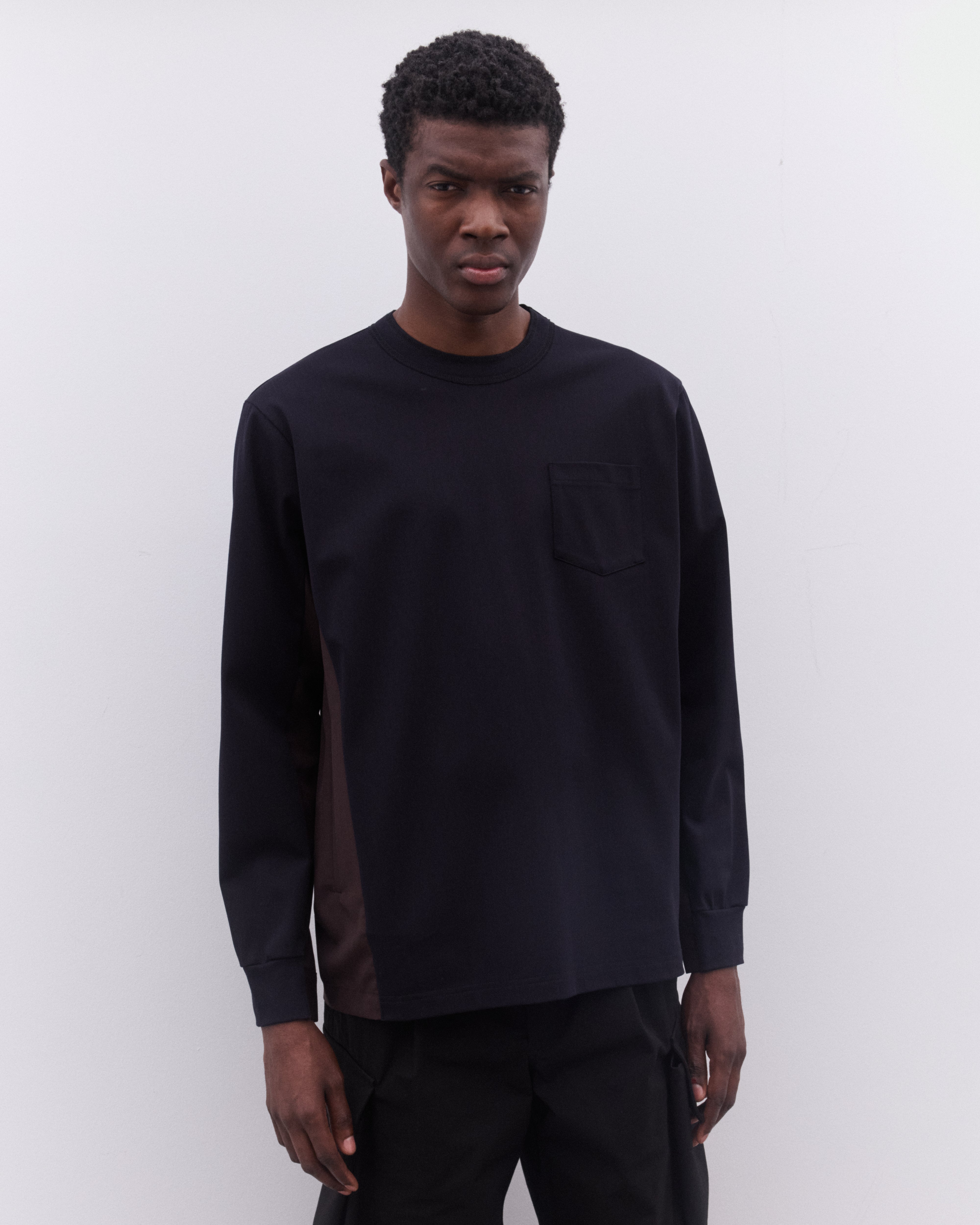 sacai: Men's Panelled Long Sleeve T-Shirt (Black/Brown) | DSML E-SHOP