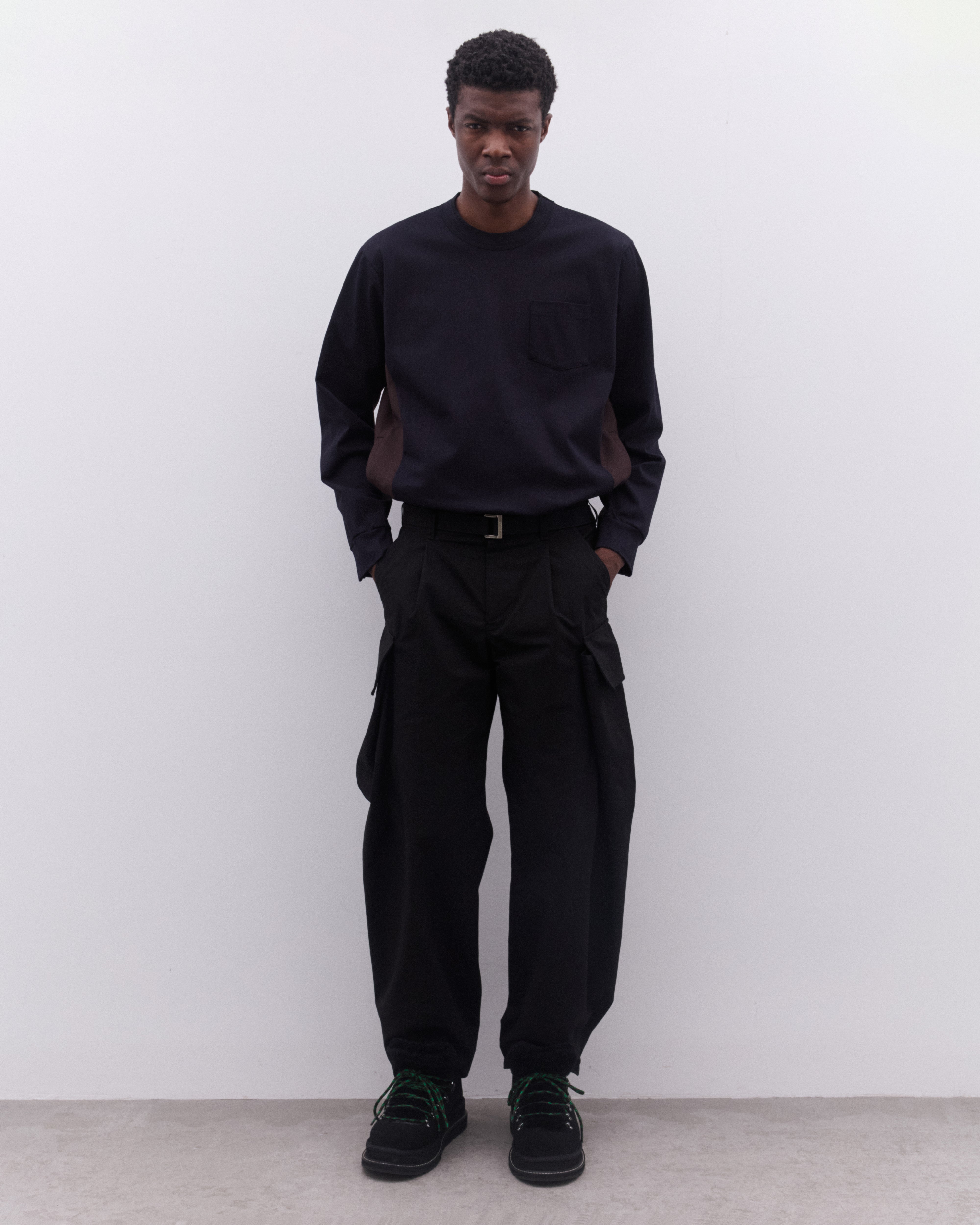 sacai: Men's Panelled Long Sleeve T-Shirt (Black/Brown) | DSML E-SHOP