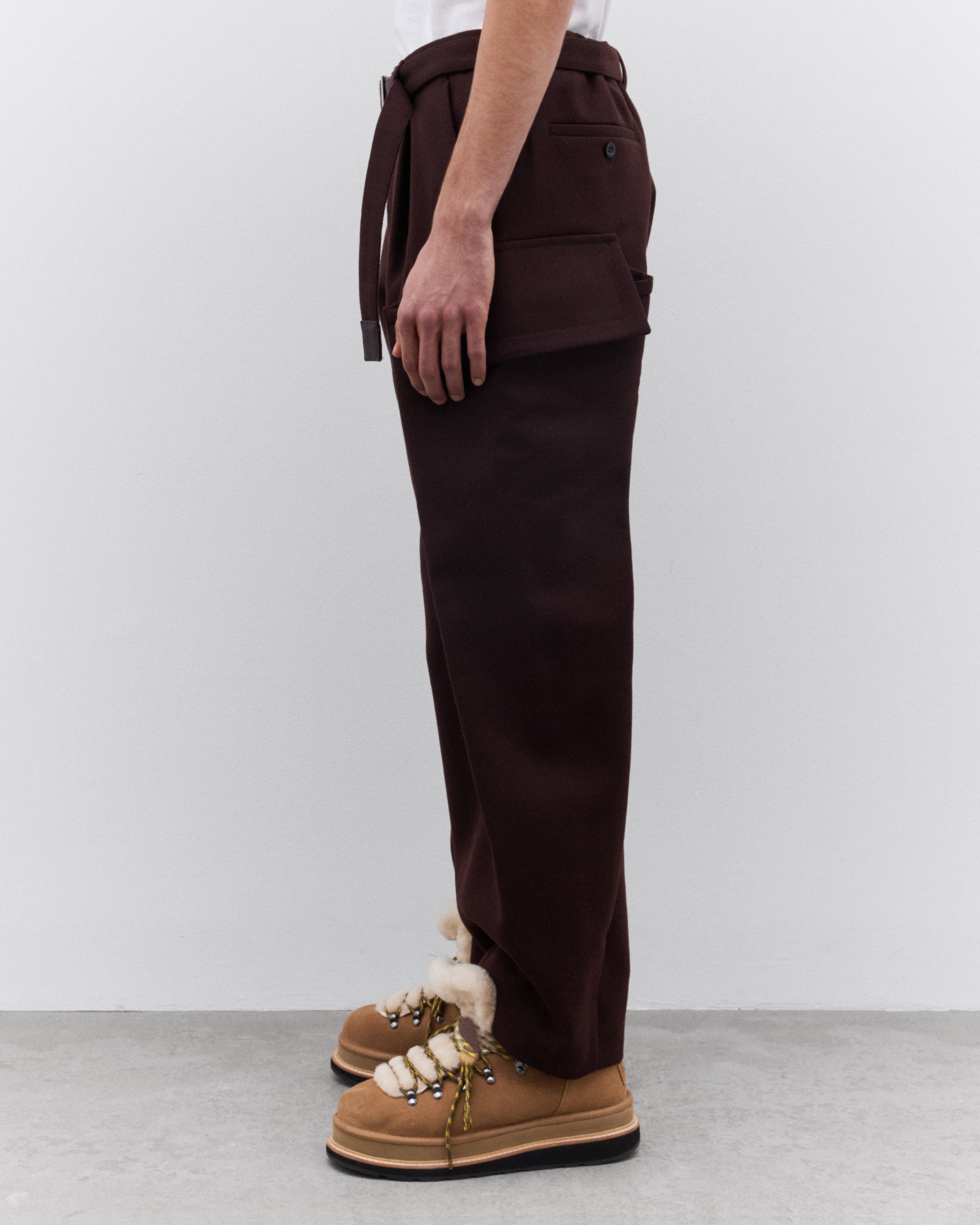 sacai: Men's Wool Melton Pants (Burgundy) | DSML E-SHOP