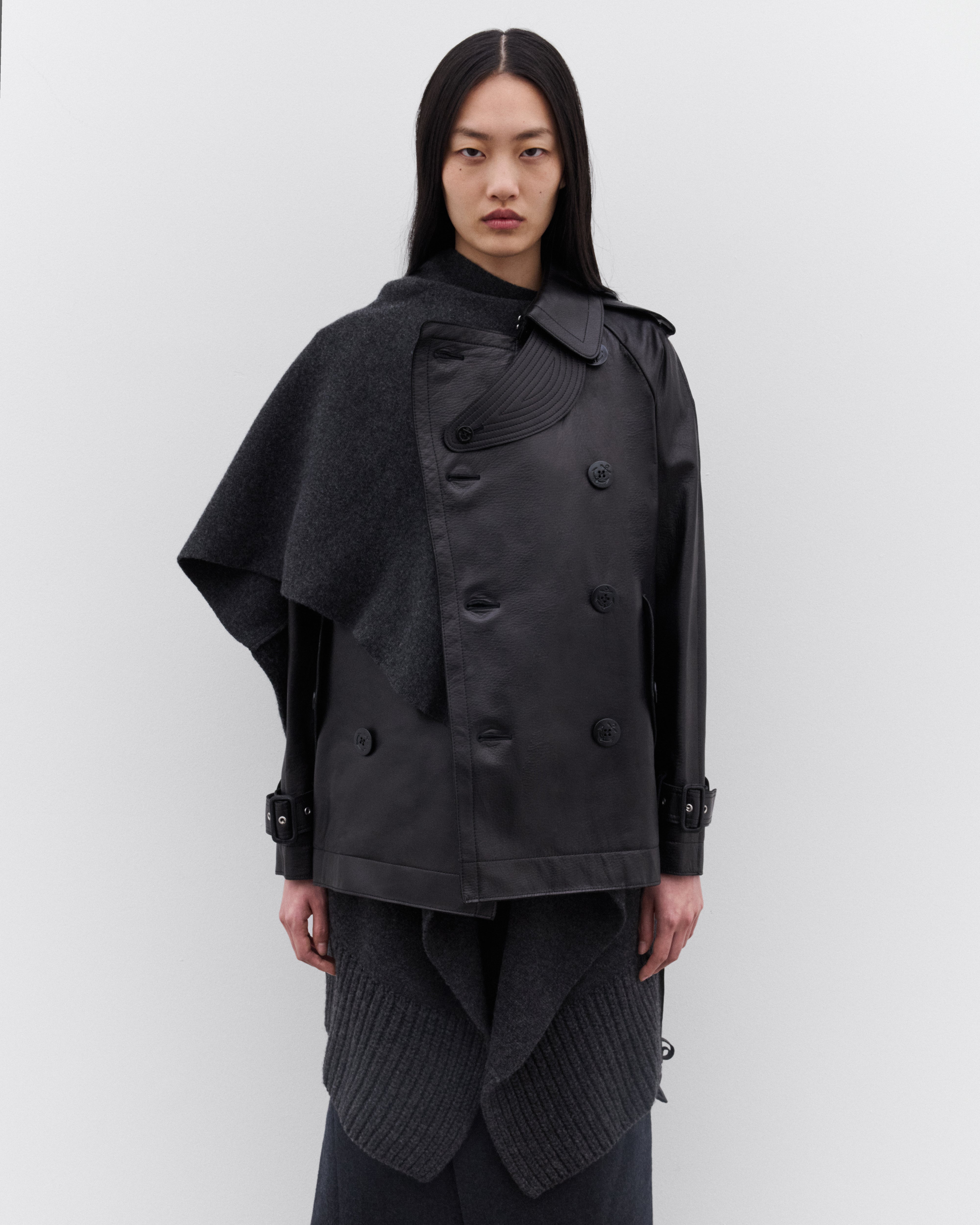 sacai: Women's Wool Panel Leather Jacket (Black/Charcoal) | DSML E