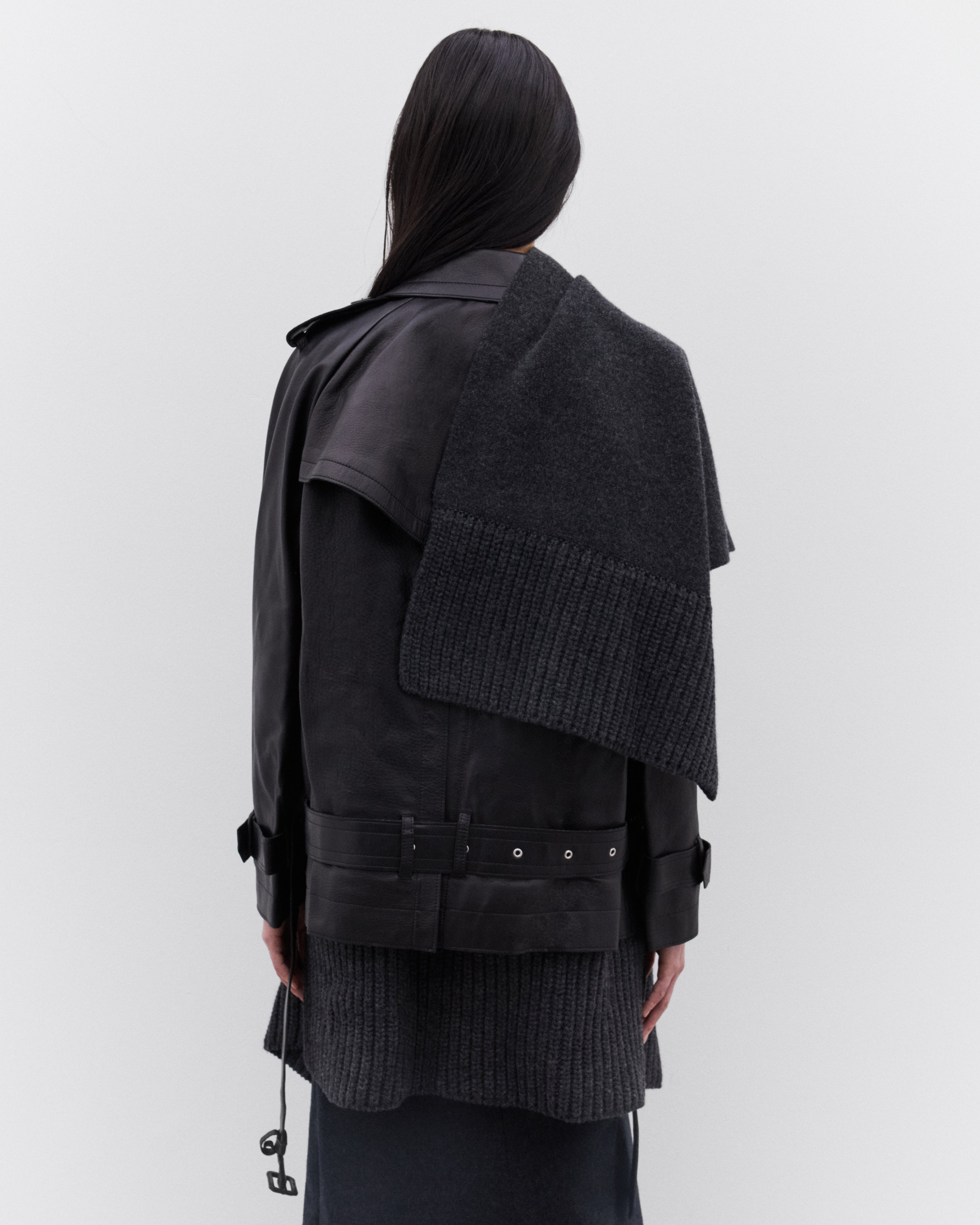 sacai: Women's Wool Panel Leather Jacket (Black/Charcoal) | DSML E
