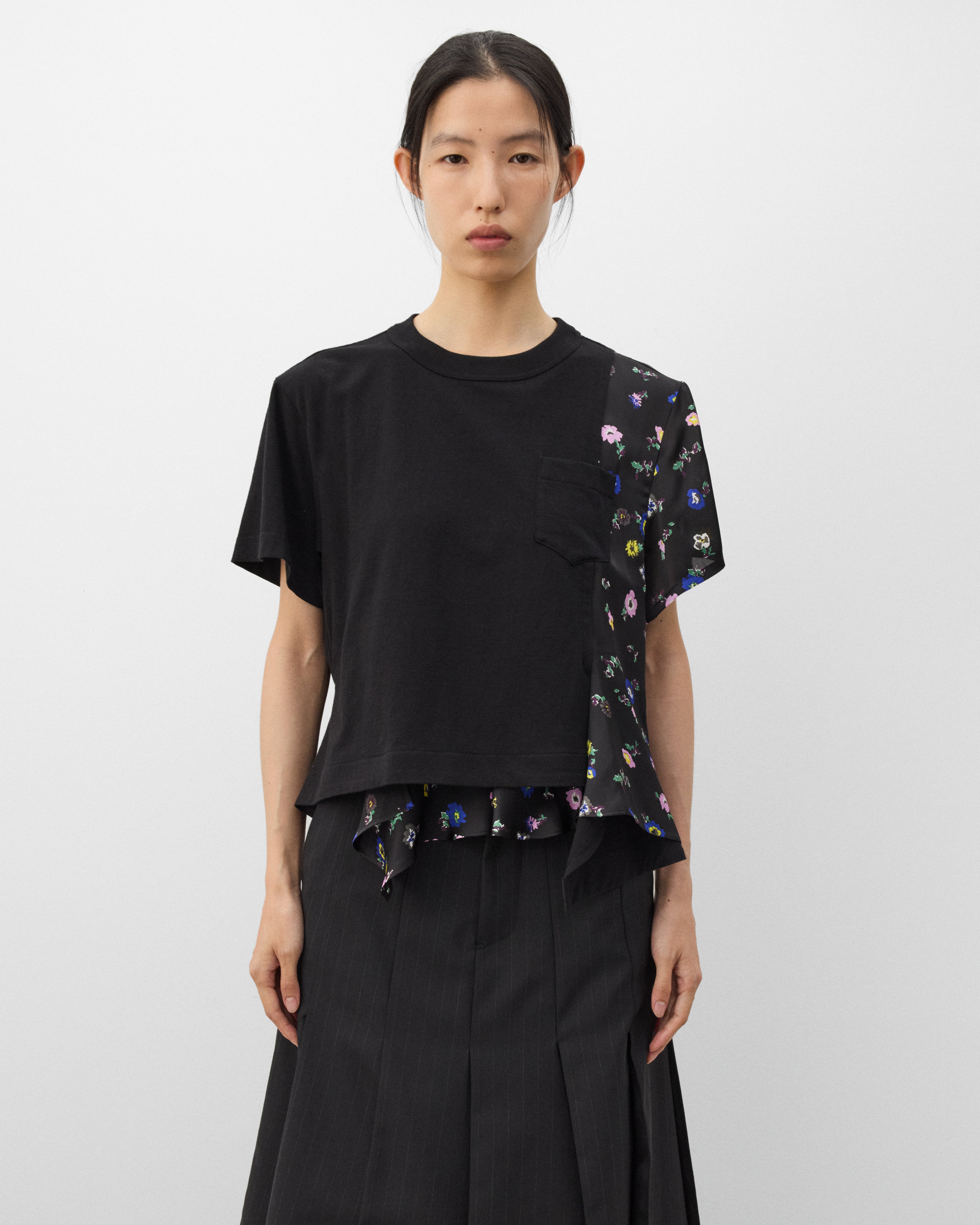 Sacai: Women's Floral Print T-Shirt (Black/Multi) | Dover Street