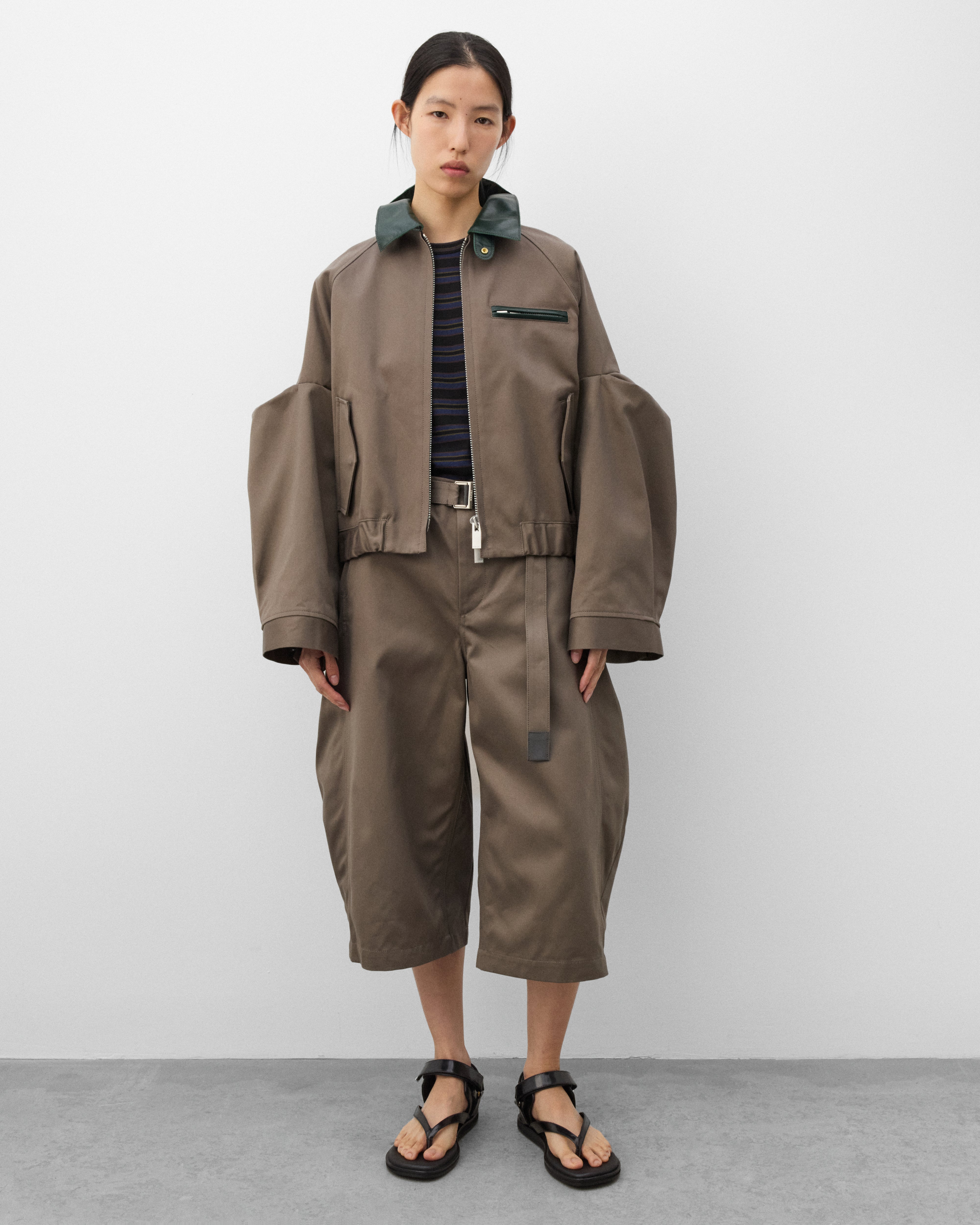 Sacai: Women's Cotton Chino Shorts (Khaki Grey) | Dover Street