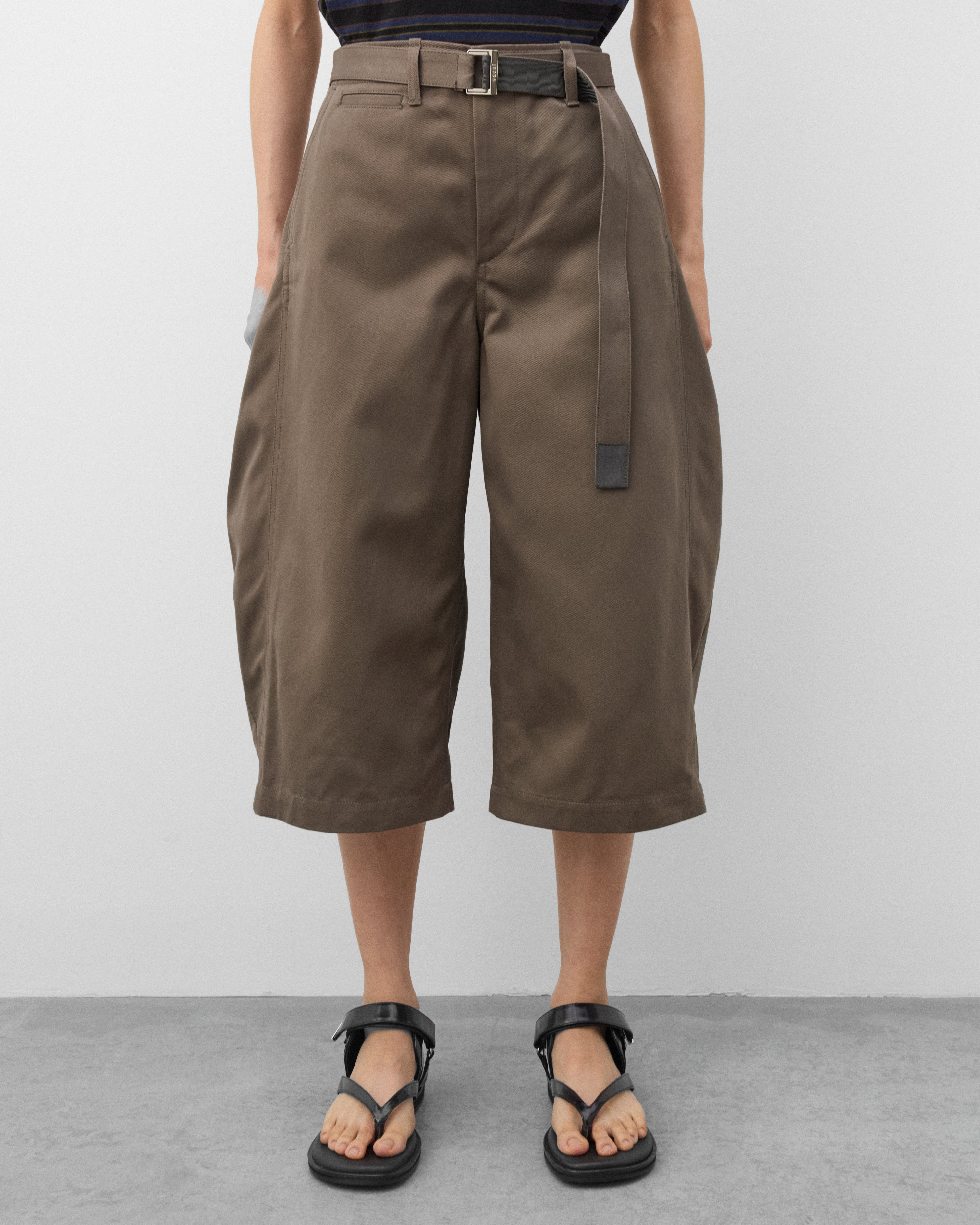 Sacai: Women's Cotton Chino Shorts (Khaki Grey) | Dover Street