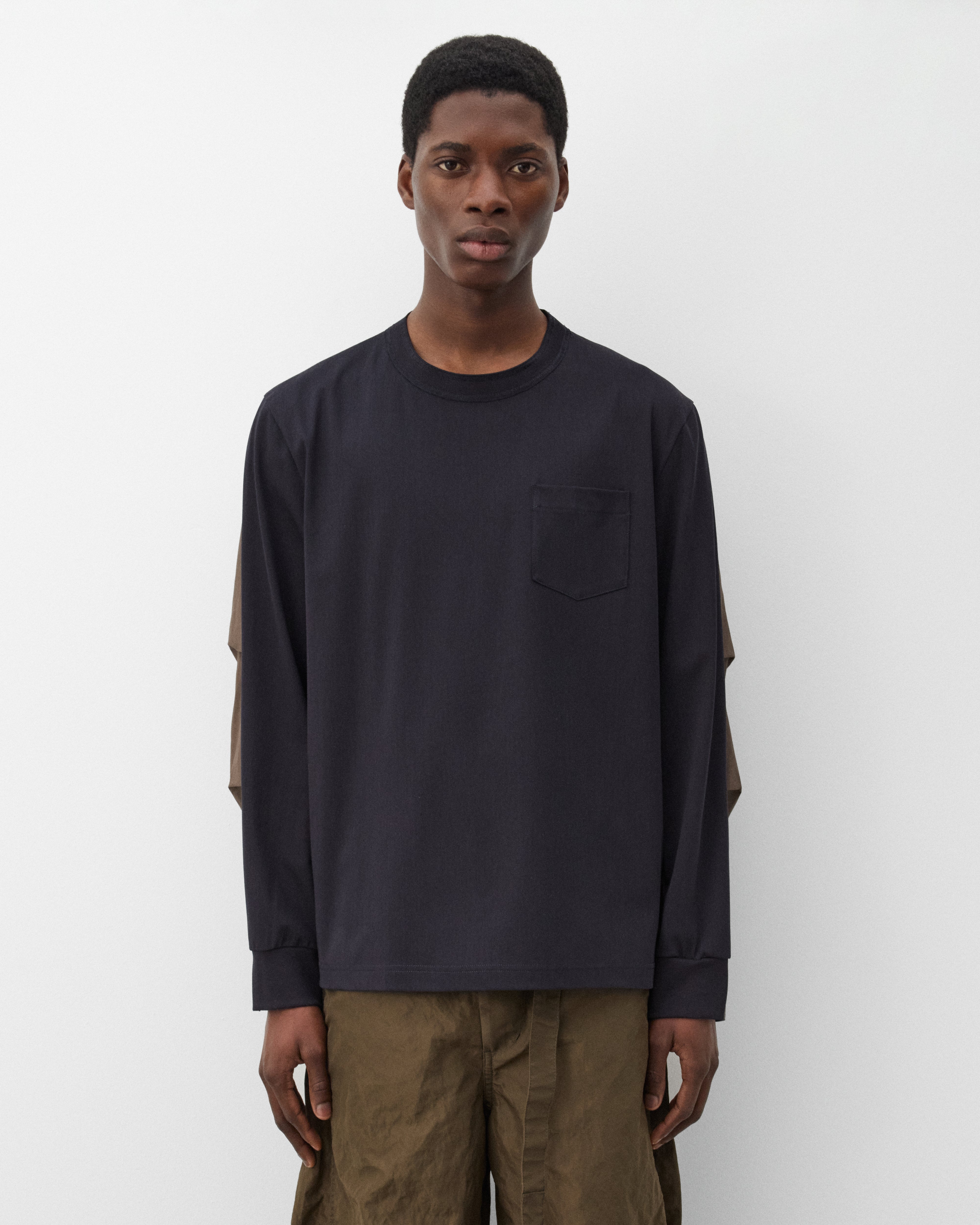 Sacai: Men's Cotton Typewriter Cotton Jersey (Black/Brown) | Dover