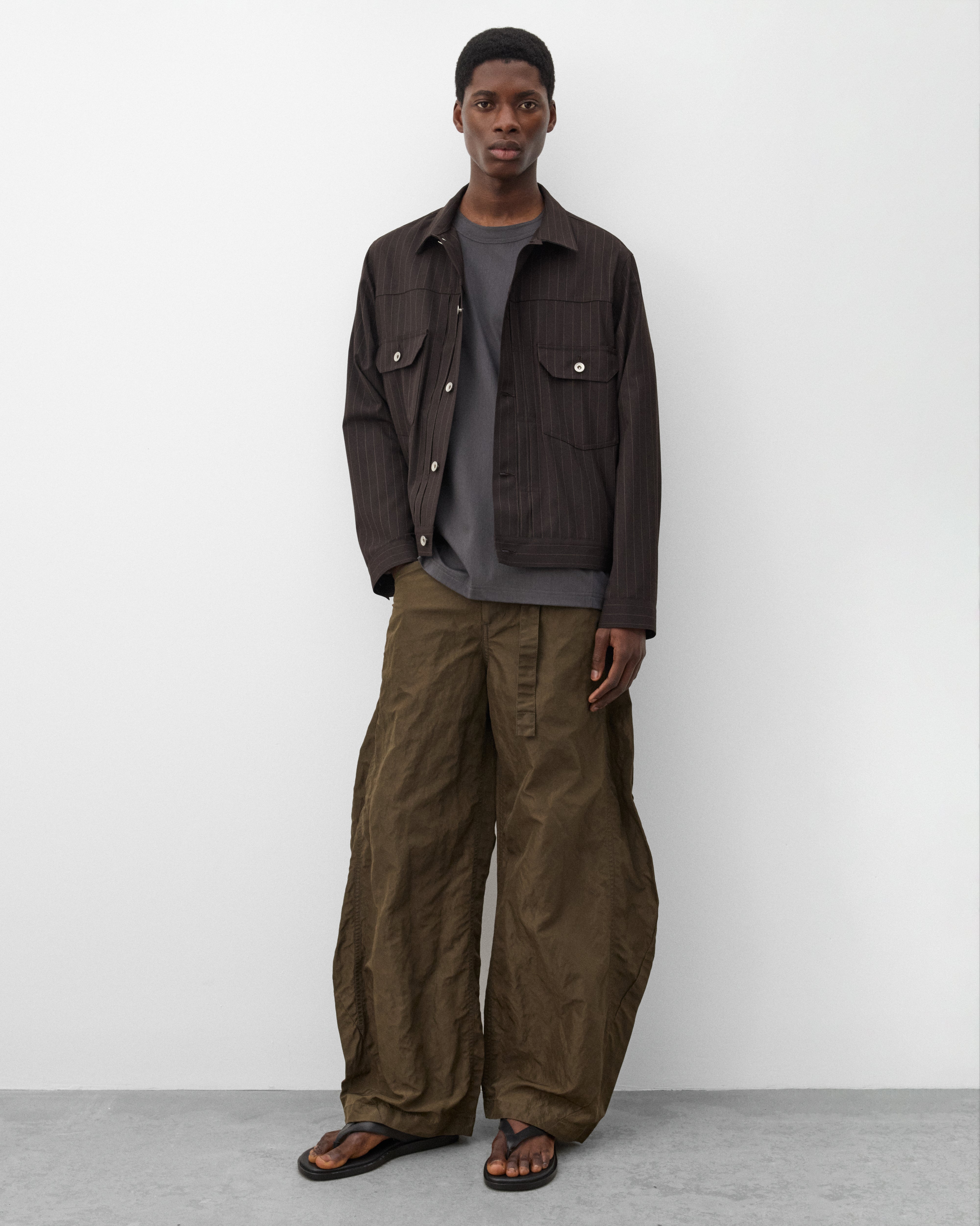 Sacai : Men's Chalk Stripe Jacket (Brown Stripe) | Dover Street