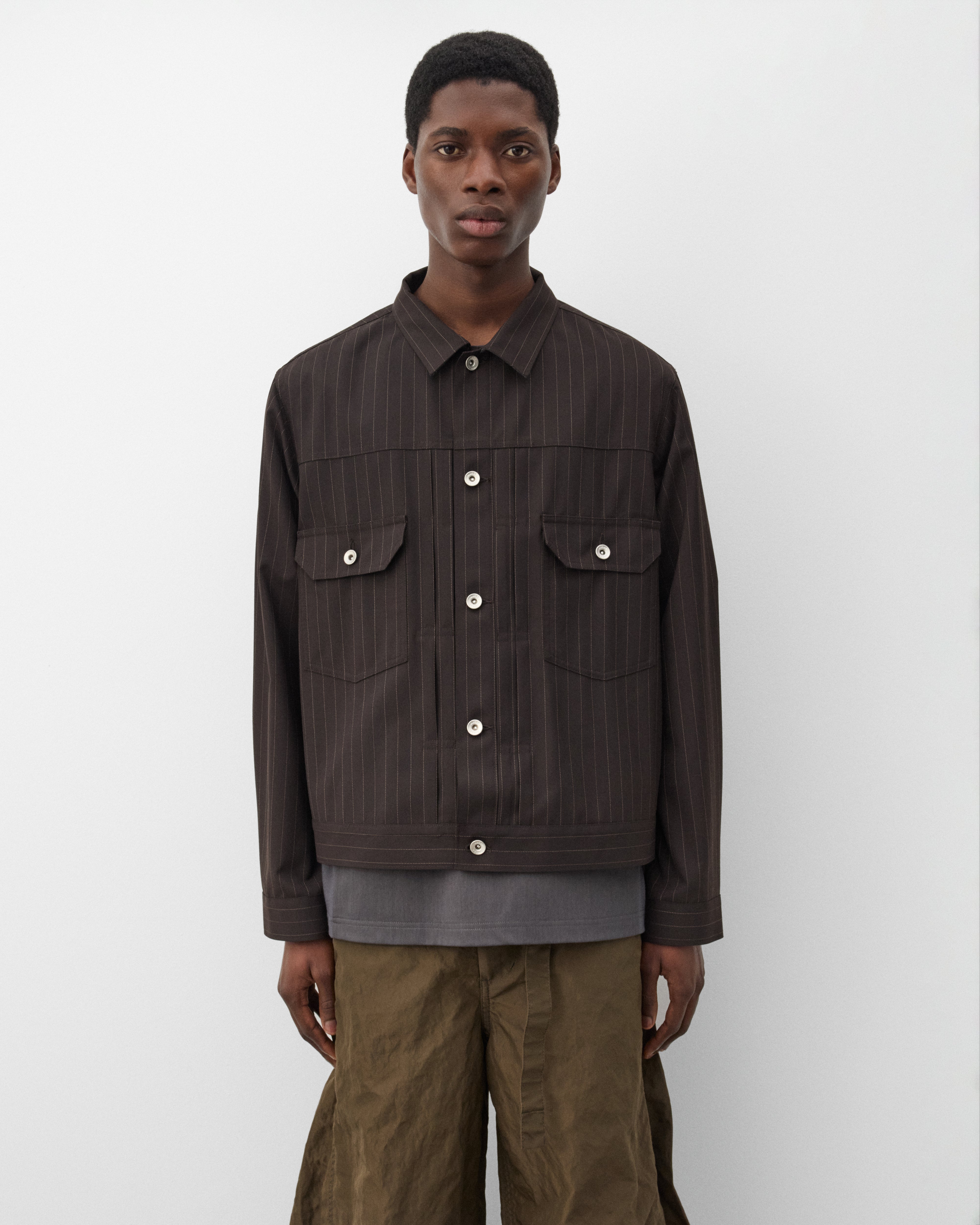 Sacai : Men's Chalk Stripe Jacket (Brown Stripe) | Dover Street
