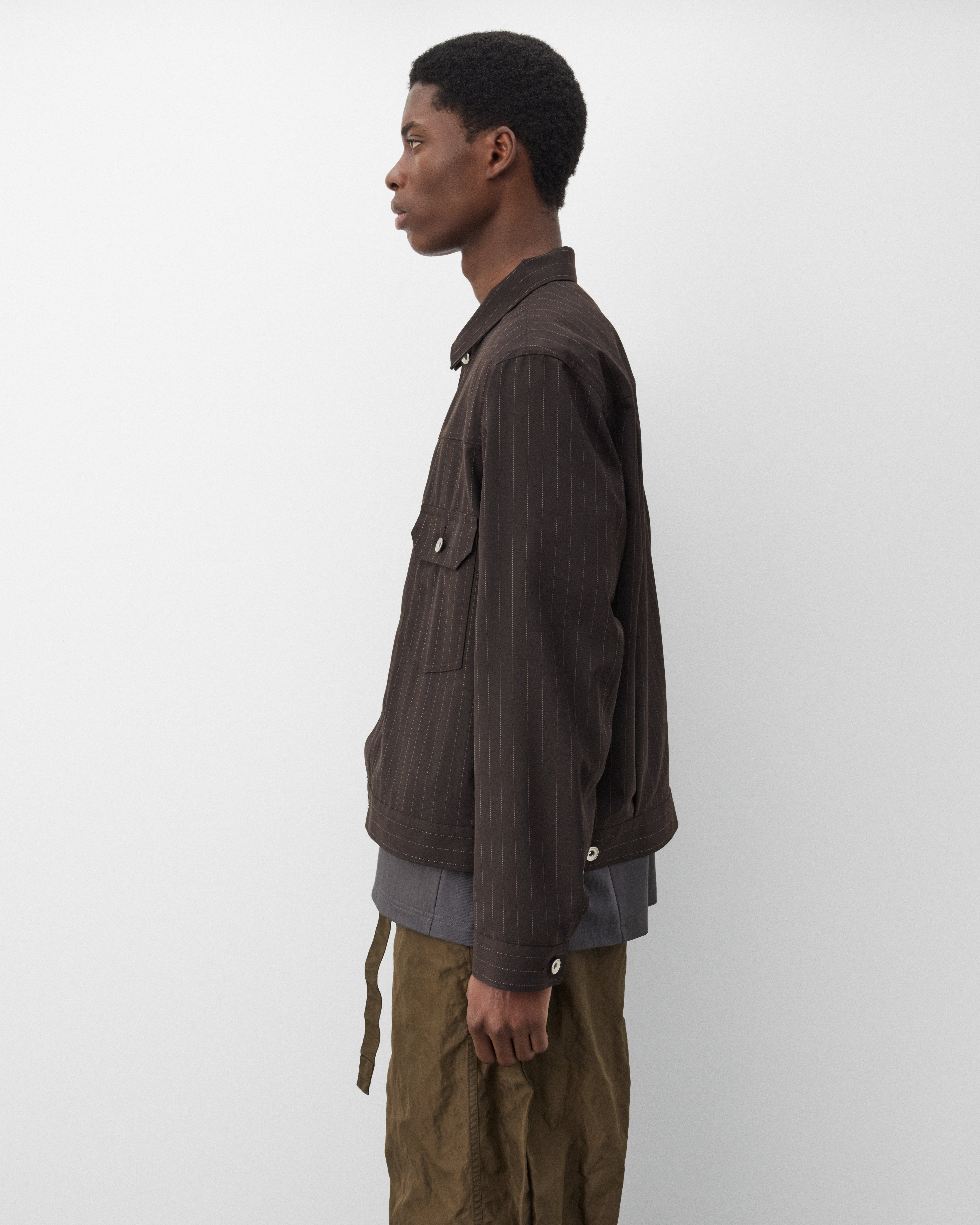 Sacai : Men's Chalk Stripe Jacket (Brown Stripe) | Dover Street