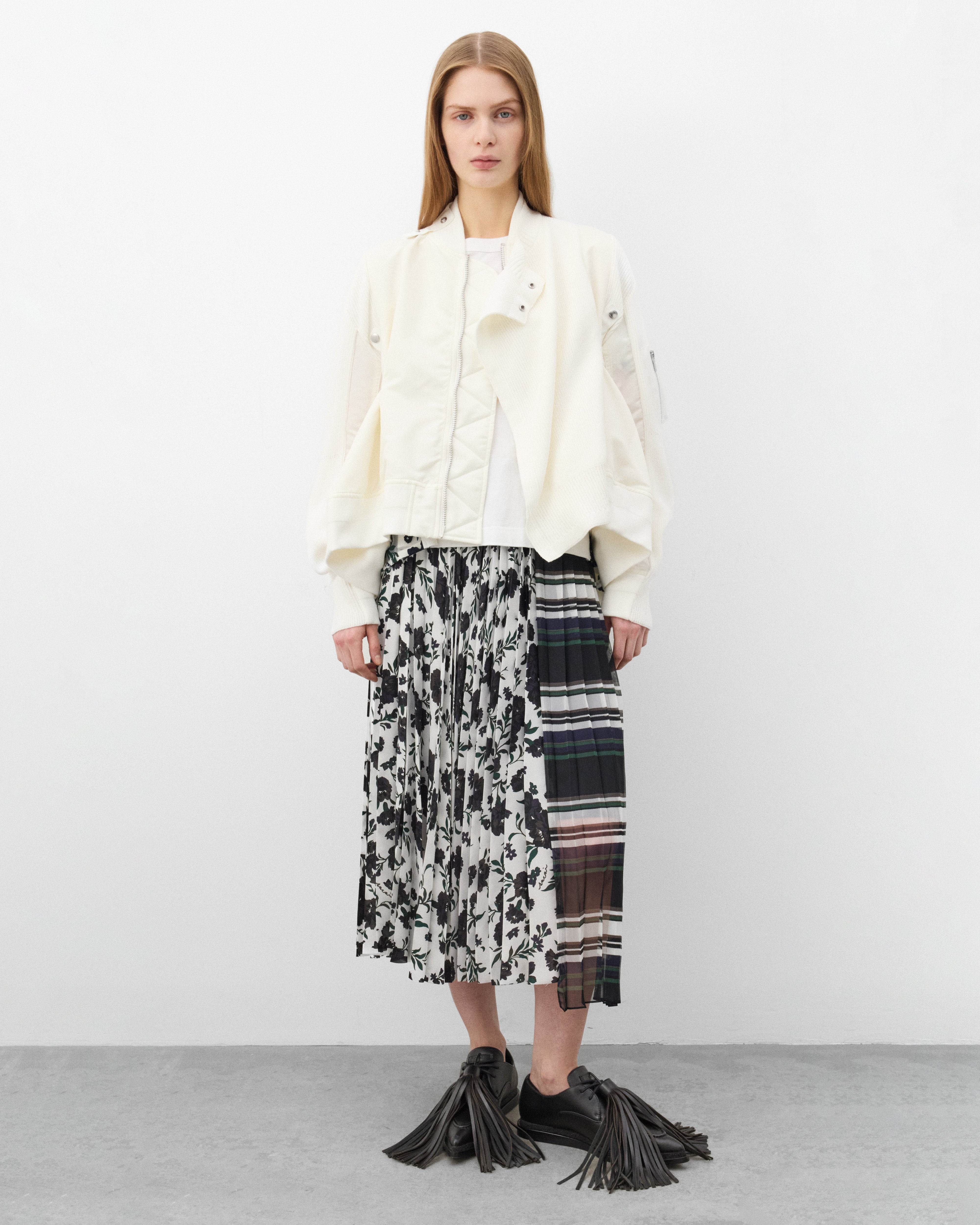 Sacai : Women's Nylon Twill X Knit Blouson (White) | Dover Street