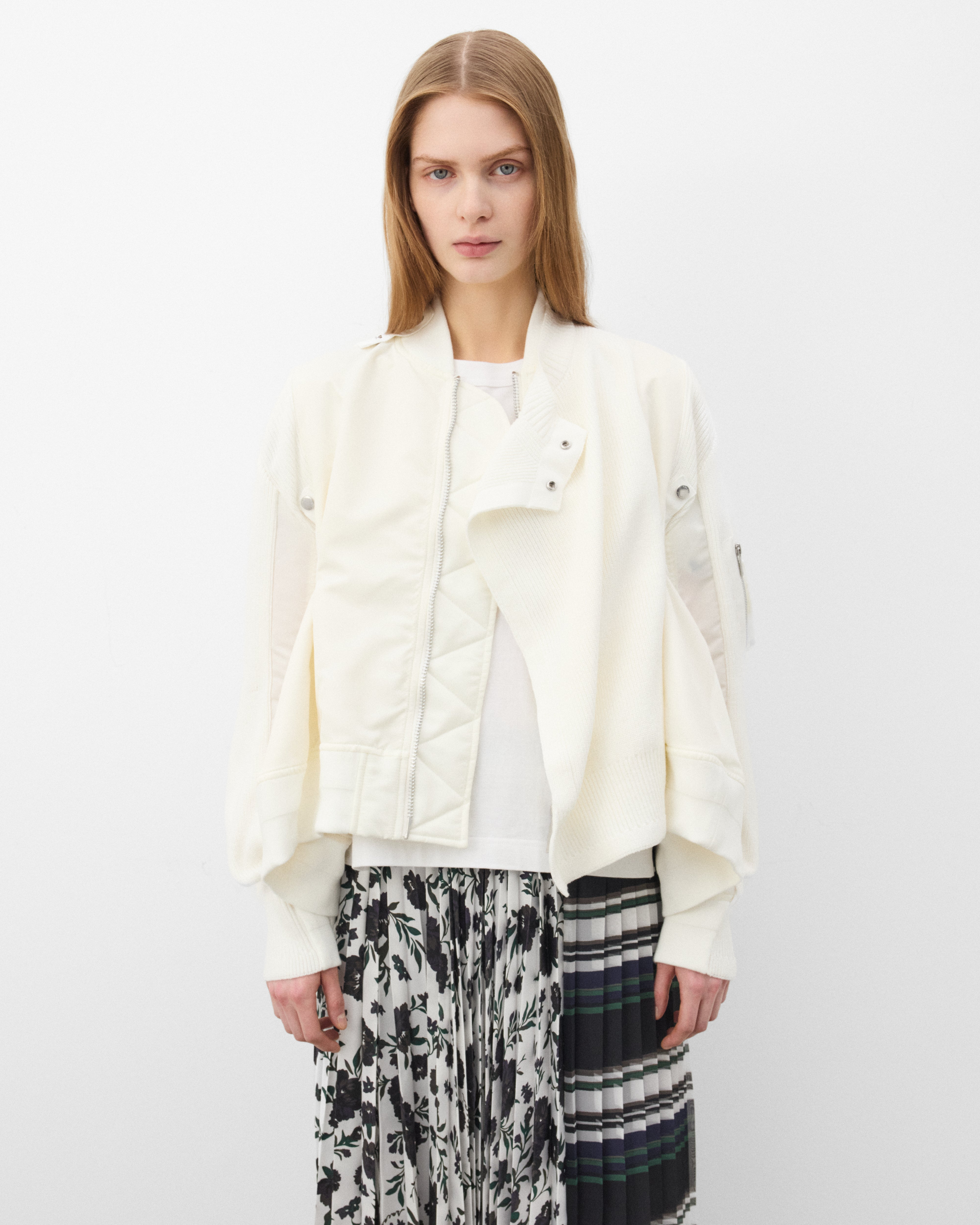 Sacai : Women's Nylon Twill X Knit Blouson (White) | Dover Street
