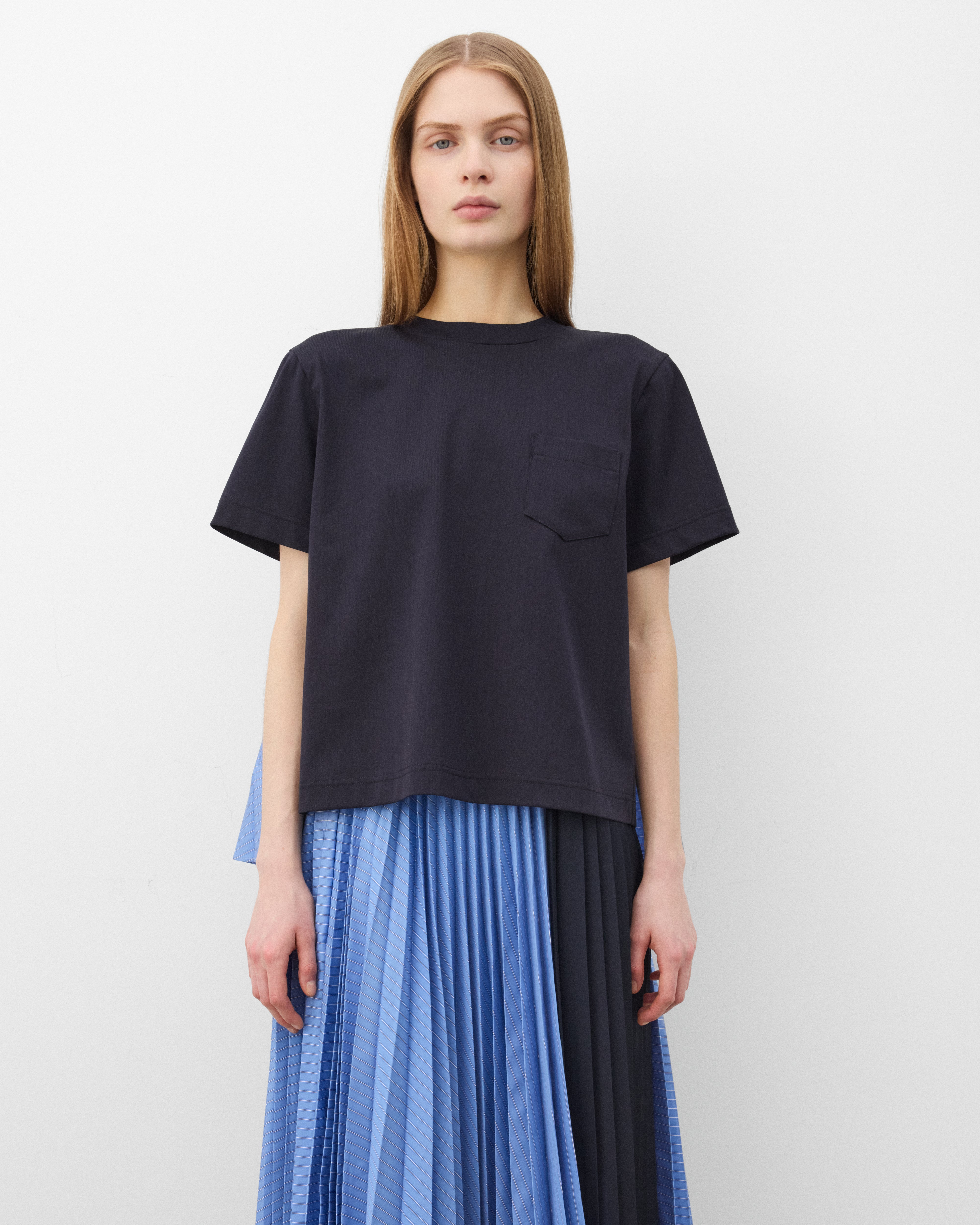 トップス sacai Cotton Poplin x Cotton Jersey Sacai : Women's Poplin X Cotton Jersey T-Shirt (Black/Blue