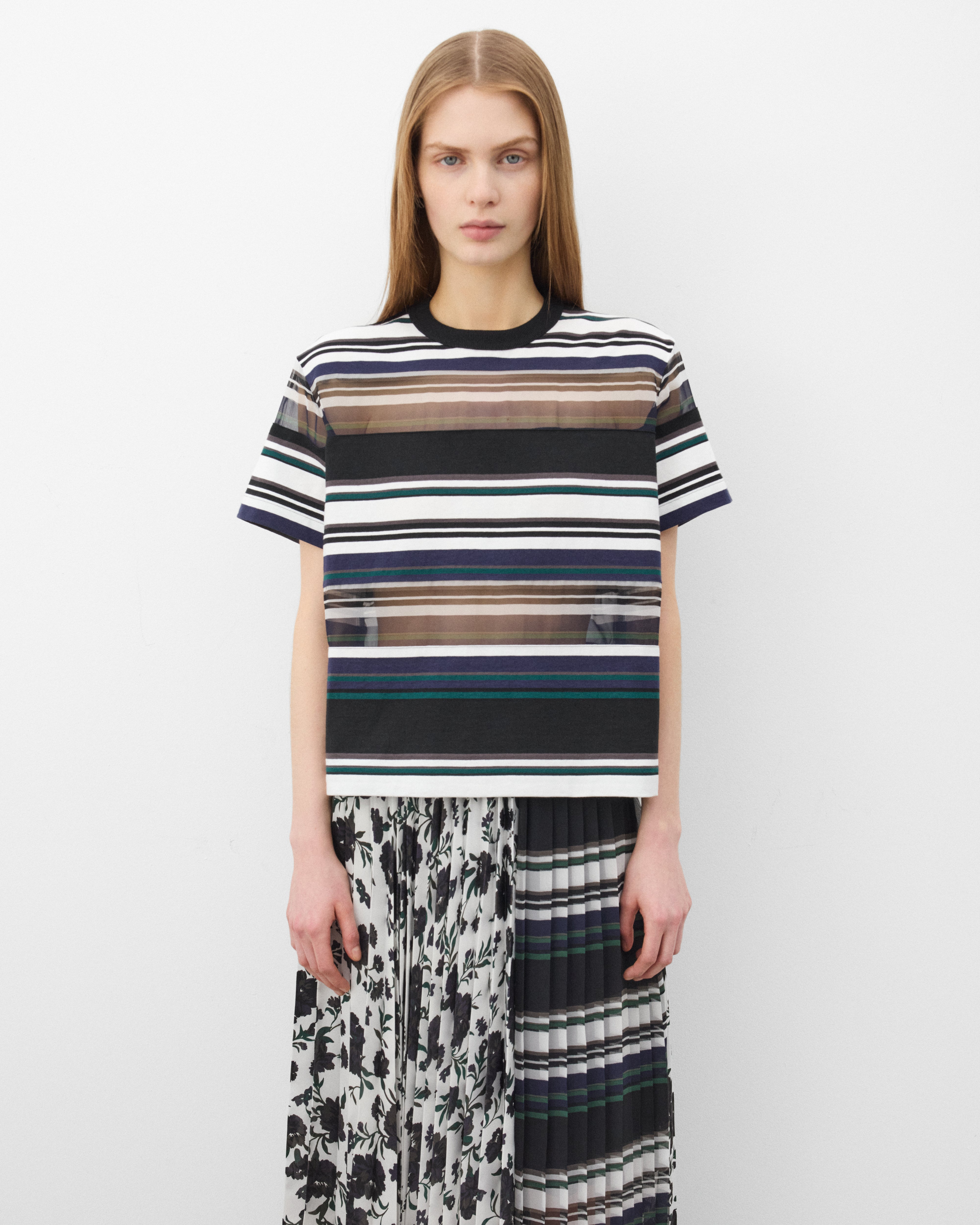 Sacai : Women's Stripe Cotton Jersey T-Shirt (Black/White/Blue