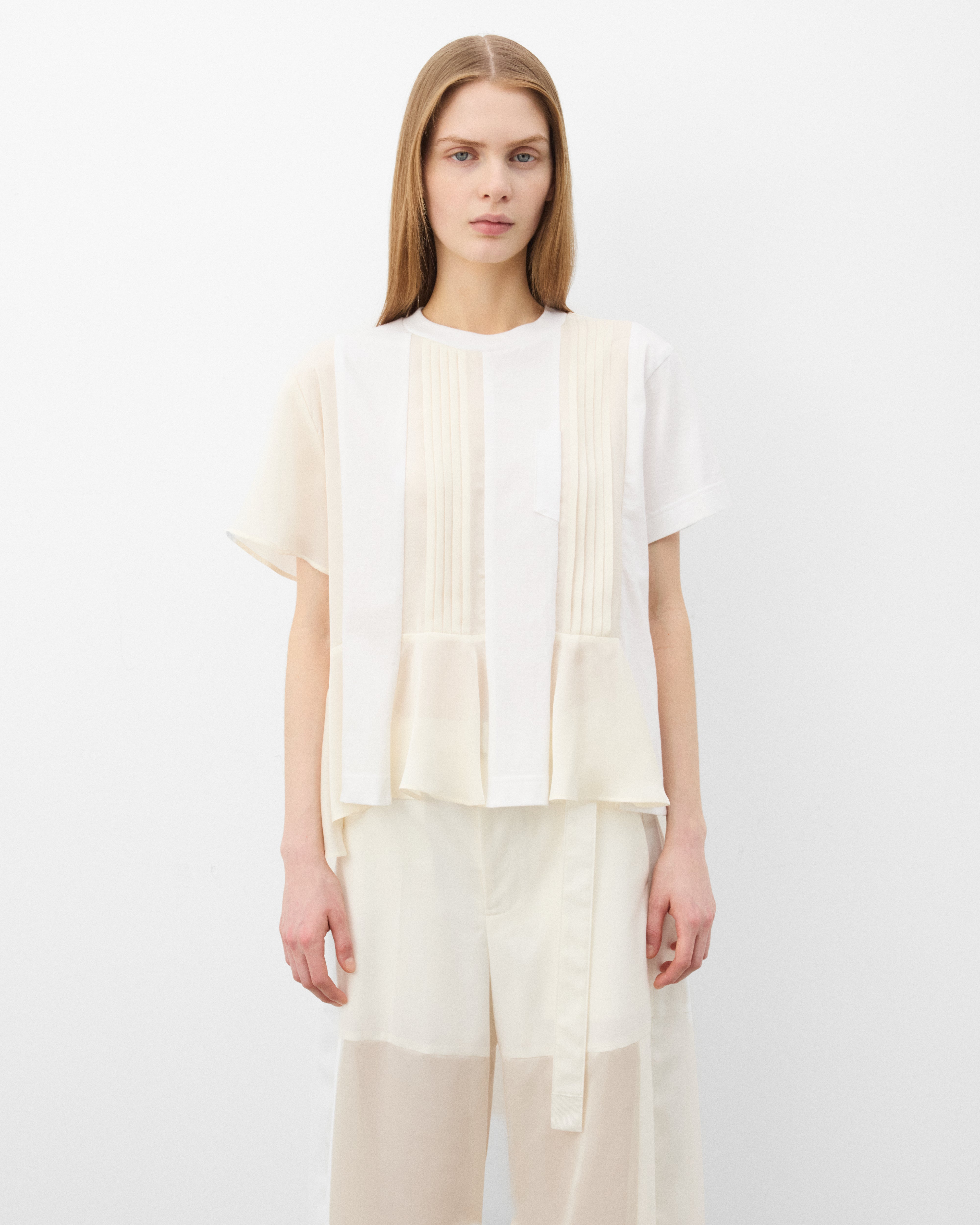 Sacai : Women's Satin X Cotton Jersey T-Shirt (White/Cream