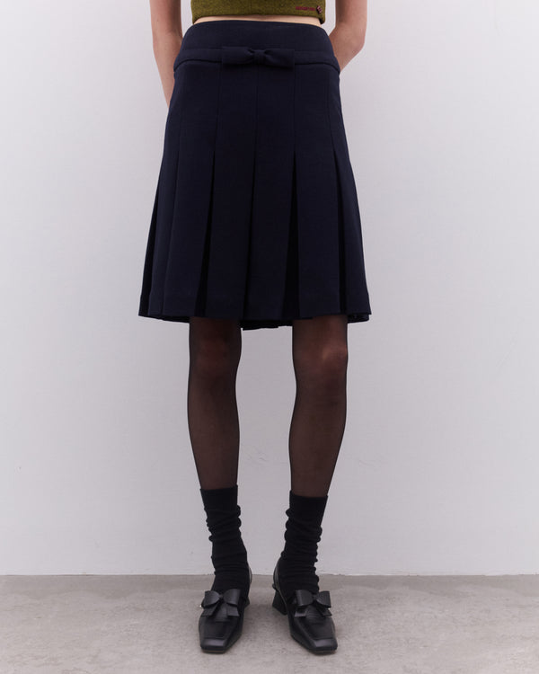 SHUSHU/TONG - Women’s Bow Waist Pleated Skirt - (Navy)
