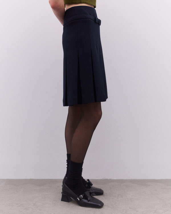 SHUSHU/TONG - Women’s Bow Waist Pleated Skirt - (Navy)