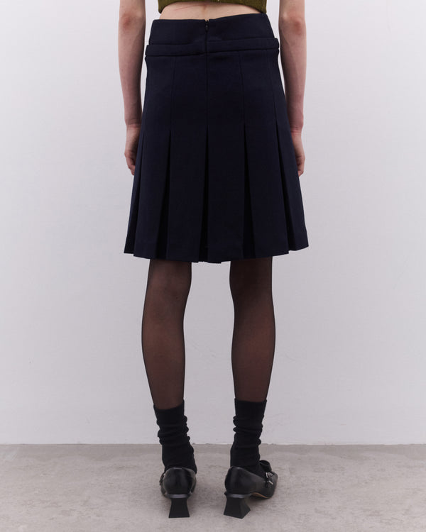 SHUSHU/TONG - Women’s Bow Waist Pleated Skirt - (Navy)
