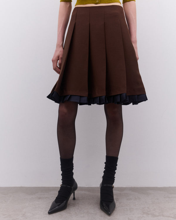 SHUSHU/TONG - Women’s Patchwork Lace Wide Pleat Skirt - (Brown)