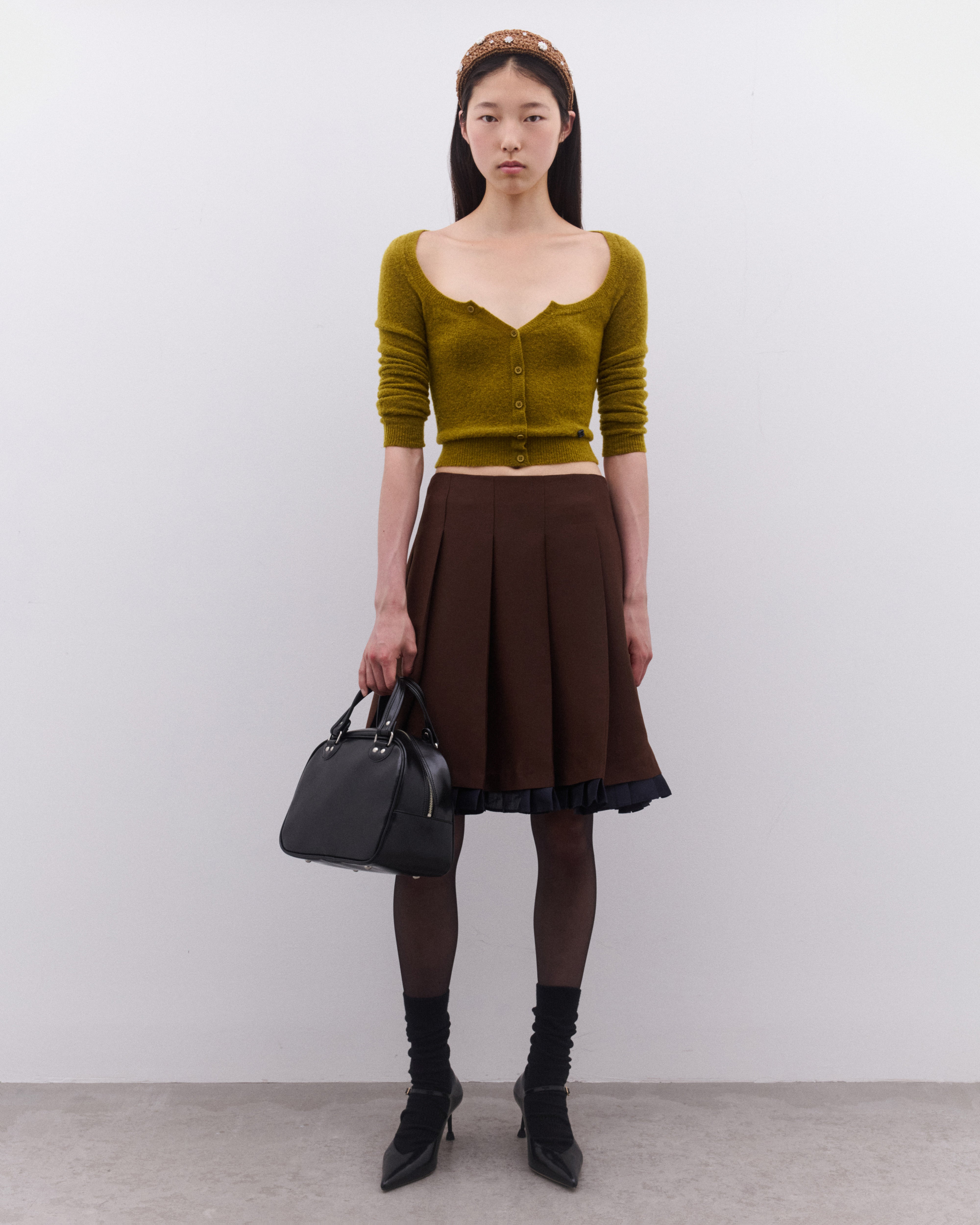 SHUSHU/TONG: Women's Patchwork Lace Wide Pleat Skirt (Brown